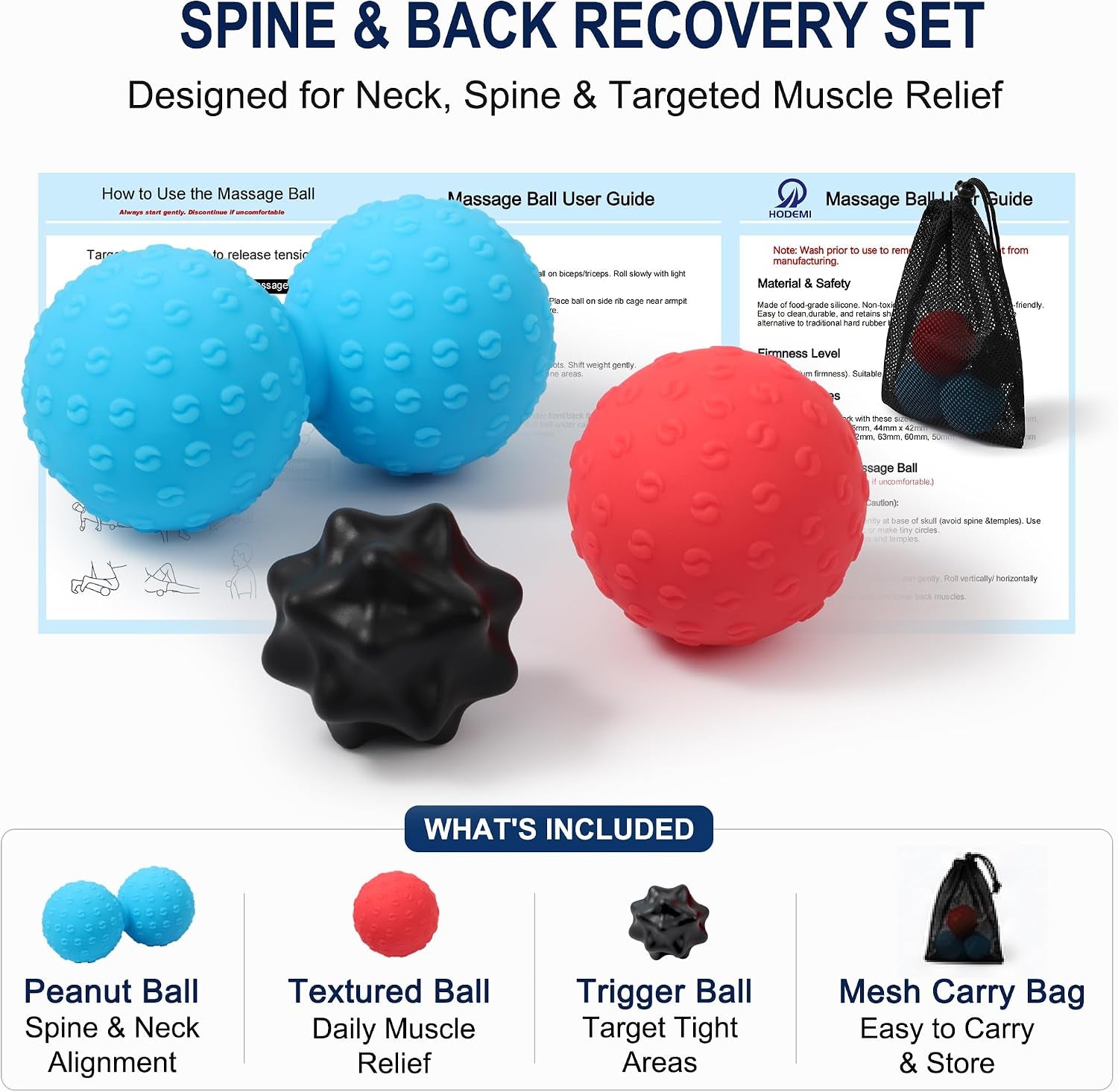 Massage Ball Set, 3 Pack Spiky Ball, Lacrosse Ball & Peanut Massage Roller for Trigger Point Therapy, Deep Tissue Muscle Relaxation for Back, Neck, Hip, Leg & Foot with Mesh Bag