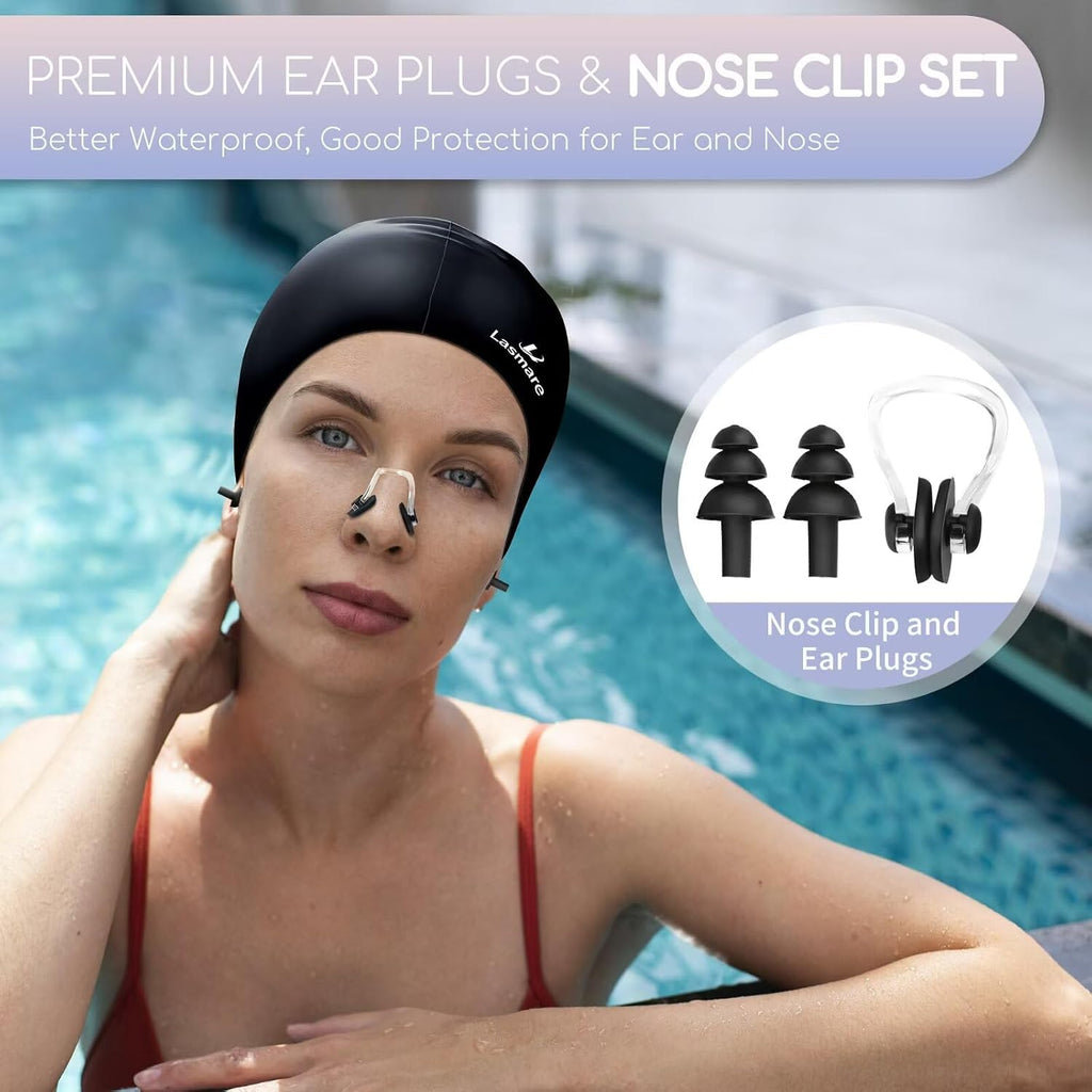 Long Hair Swim Cap for Women 2 Pack, Silicone Swimming Caps for Unisex Adult Women Men with Ear Plugs & Nose Clip Set, Waterproof Adult Swim Hats Bathing Caps to Keep Hair Dry