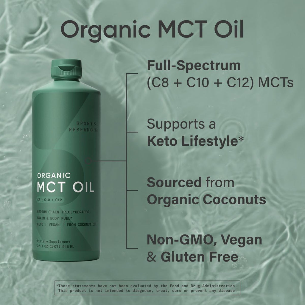 Sports Research® Organic Coconut MCT Oil 32Oz, Unflavored | Brain & Body Fuel | Great in Keto Coffee & Protein Shakes | Vegan, Keto, Non-Gmo - 63 Servings