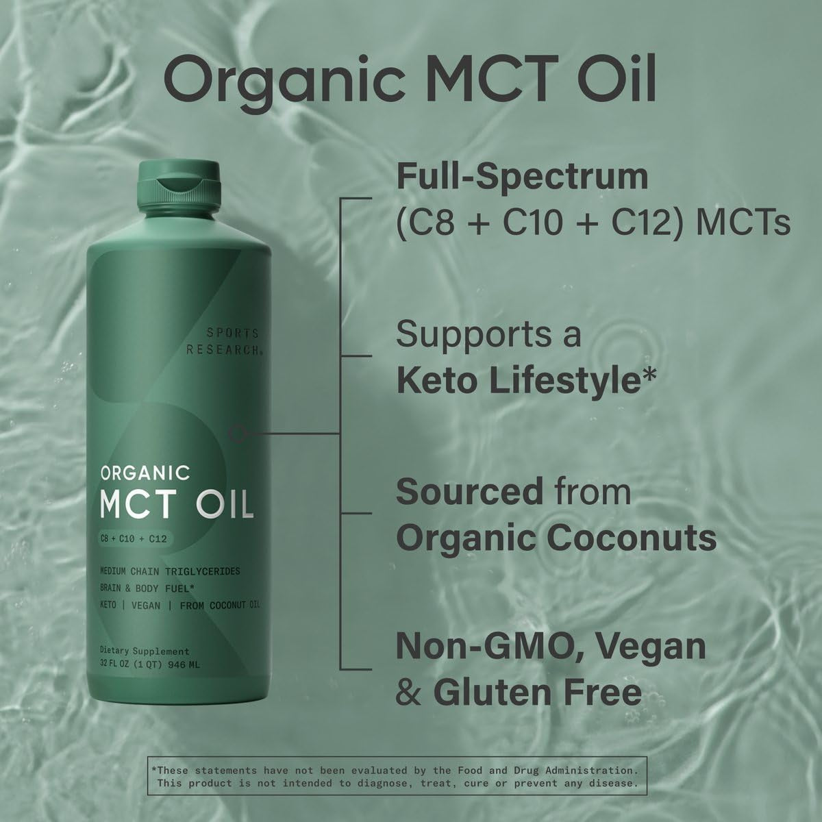 Sports Research® Organic Coconut MCT Oil 32Oz, Unflavored | Brain & Body Fuel | Great in Keto Coffee & Protein Shakes | Vegan, Keto, Non-Gmo - 63 Servings