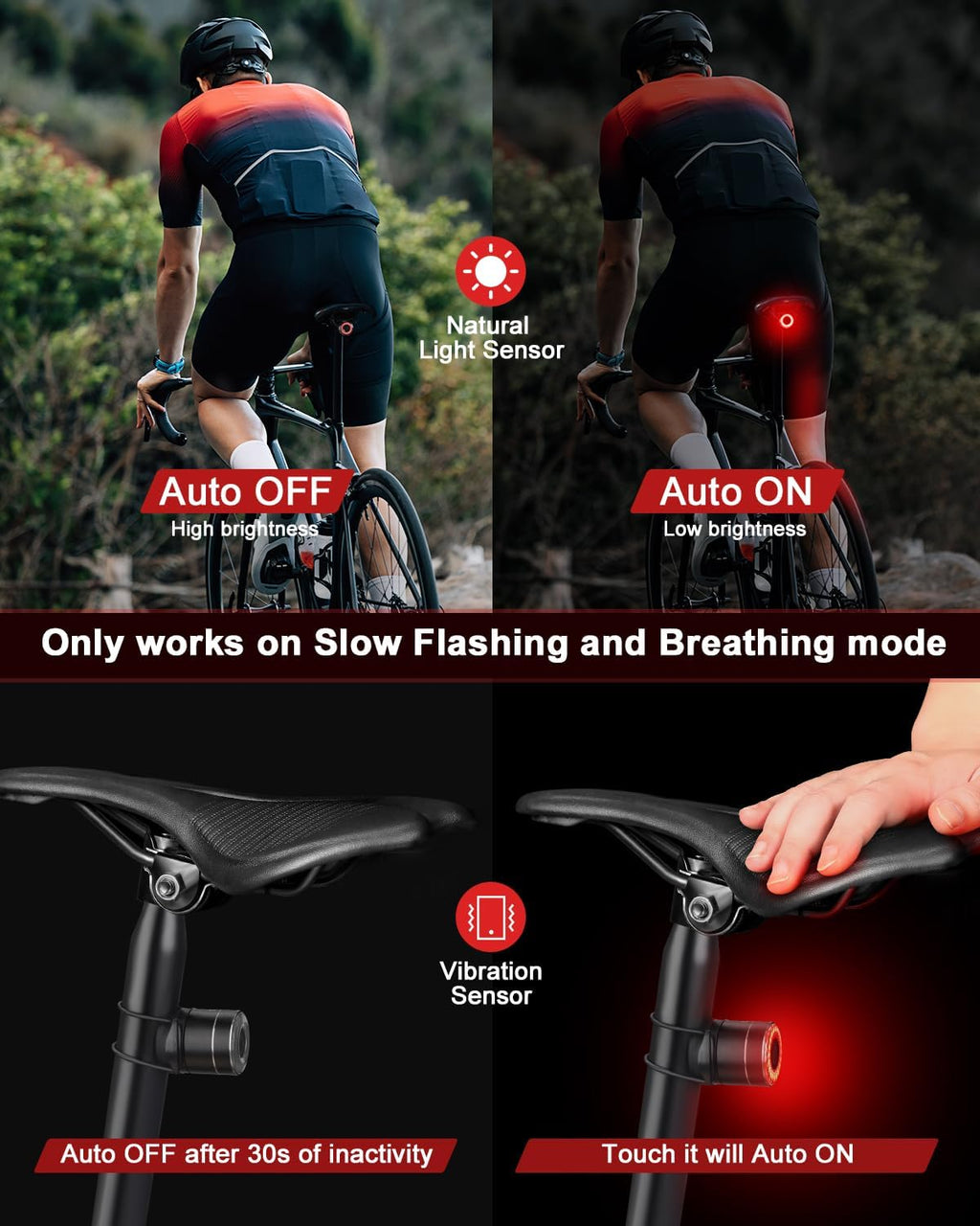 Smart Bike Tail Light Brake Sensing Rear Lights, Bike Lights for Night Riding Rechargeable Auto On/Off, Ultra Bright Bicycle Light Waterproof, LED Cycling Safety Warning Taillight Accessories