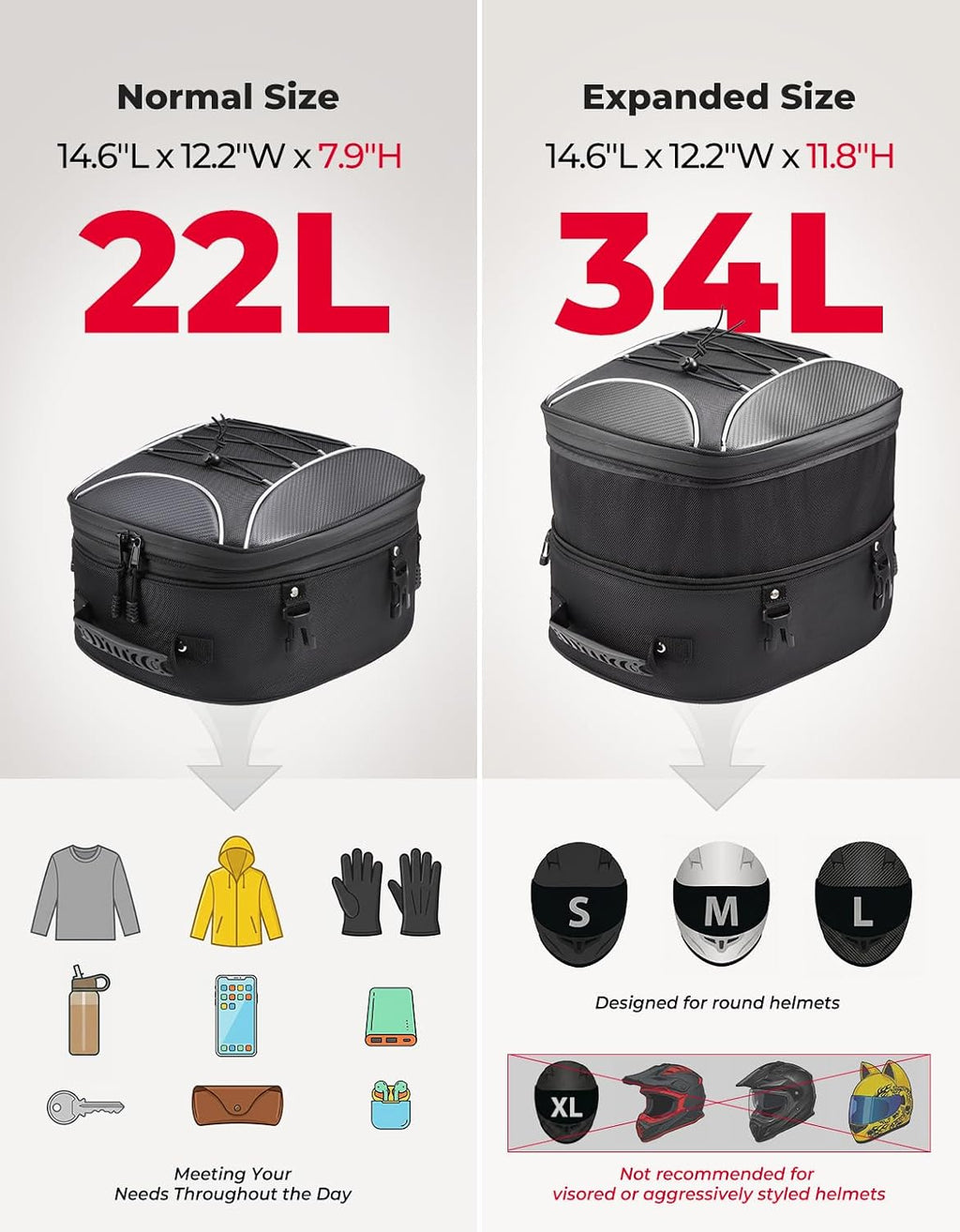 Motorcycle Tail Bag, Dual Use Motorcycle Rear Seat Bag with Waterproof Rain Cover, 22L-34L Expandable Motorbike Helmet Bag Luggage Storage Backpack with 6 Straps