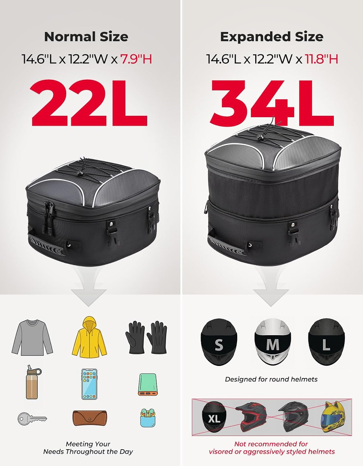 Motorcycle Tail Bag, Dual Use Motorcycle Rear Seat Bag with Waterproof Rain Cover, 22L-34L Expandable Motorbike Helmet Bag Luggage Storage Backpack with 6 Straps