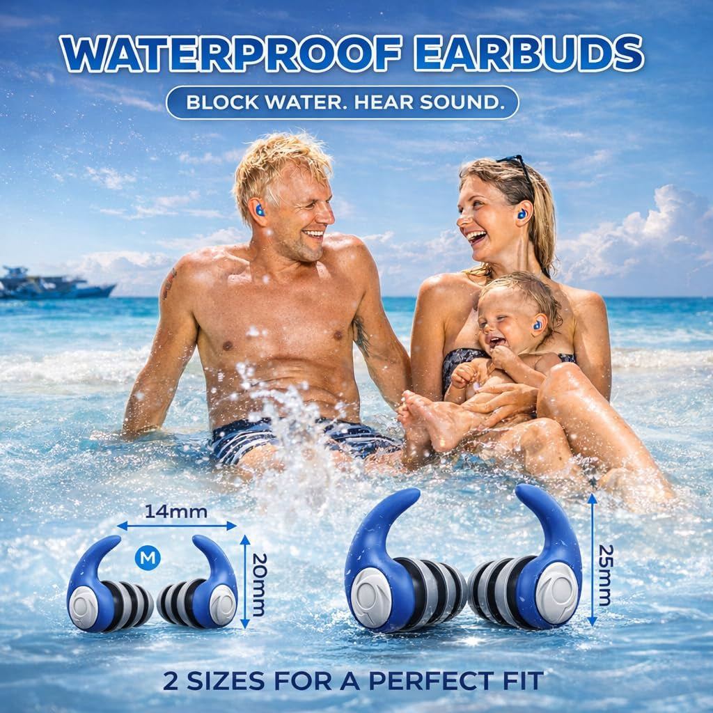 Waterproof Swimming Ear Plugs for Adults Kids, 3 Pairs Reusable Silicone | Reusable Swim Earplugs for Pools, Surfing, Diving, Showering and Water Sports, Keep Water Out and Ear Protection