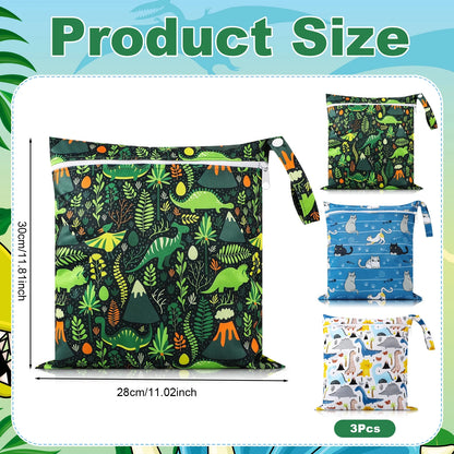 3 Pack Wet Dry Bags, Mess Proof and Waterproof Travel Bags, Diaper Bags with Cartoon Print for Baby, Dinosaur, Cat,11.8"X11" Reusable Storage Bags for Daycare,Travel,Swimming