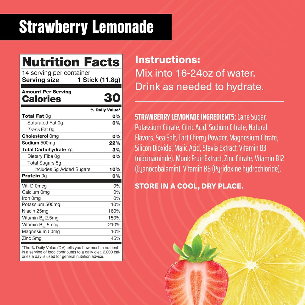 Active Hydration - Strawberry Lemonade, Electrolyte Drink Mix, Tart Cherry Extract, Supports Recovery & Absorption, Low Sugar, 14 Pack
