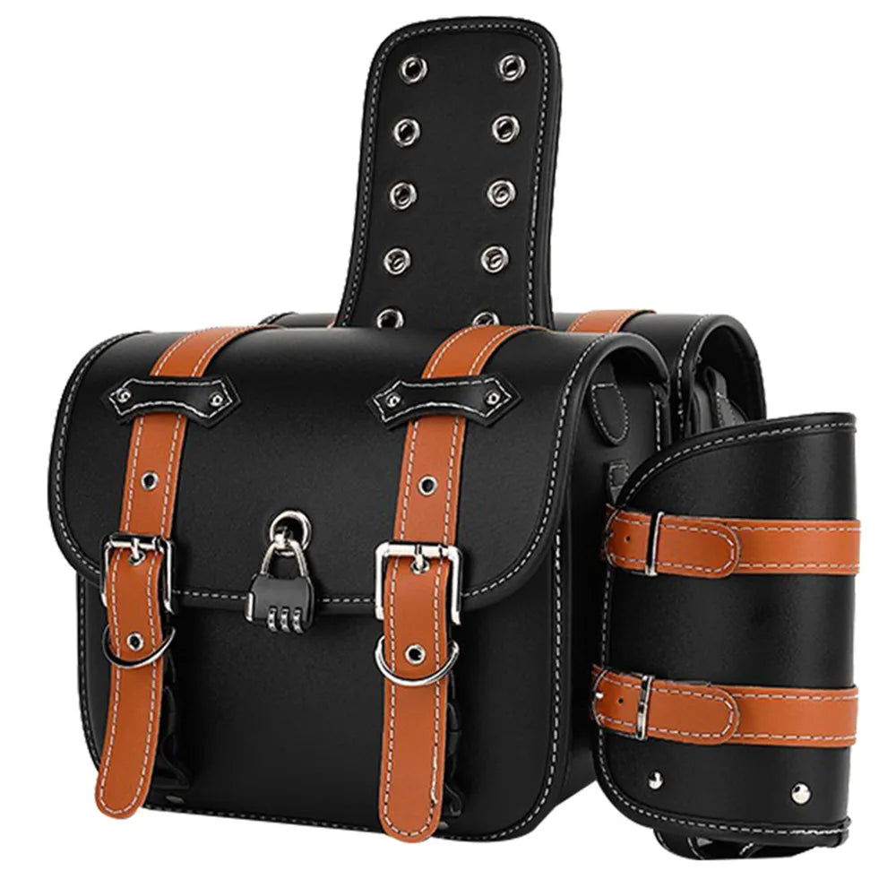 Universal Motorcycle Saddlebags Throw over Saddle Bags PU Leather Side Luggage Bags with Cup Holder for Sportster Softail Dyna
