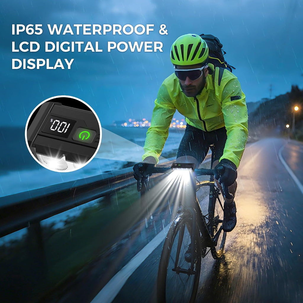 Super Bright Bike Lights for Night Riding 4800 Lumen, USB Rechargeable Bicycle Light with LCD Display, Runtime 10+ Hours, IP65 Waterproof Bike Headlight Front and Rear for MTB, Off-Road, City Riding