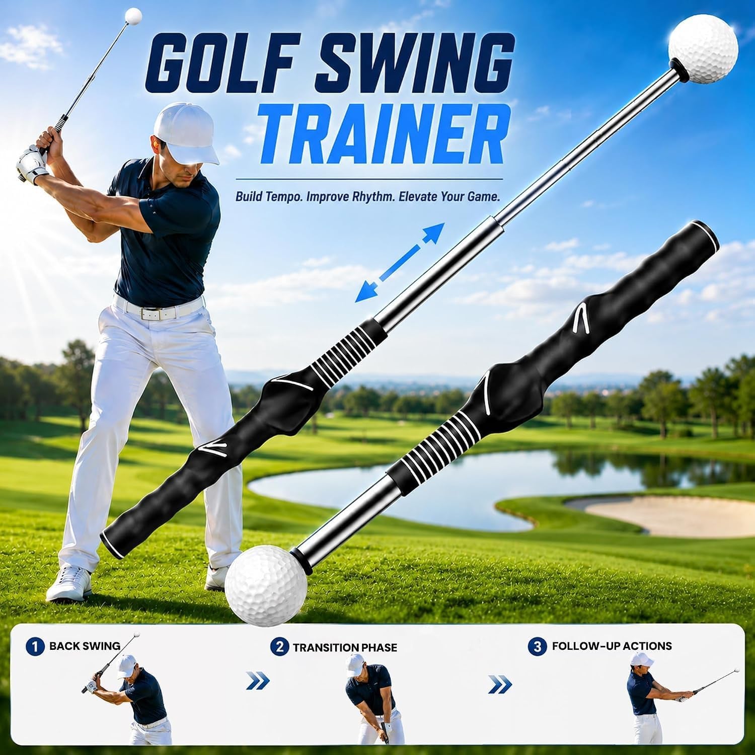 Retractable Golf Swing Trainer, Golf Grip Trainer, Golf Training Aid for Warm-Up, Golf Swing Training Aid, Grip Trainer Golf Club, Strength & Tempo Training for Chipping Hitting