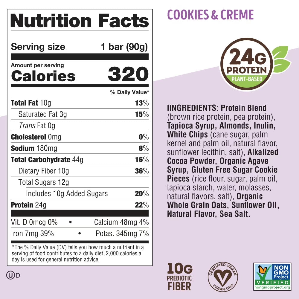 Cookie-Fied Big Bar Cookies &amp; Creme, Plant-Based Protein Bar, Gluten-Free, Vegan and Non-Gmo, 12 Count