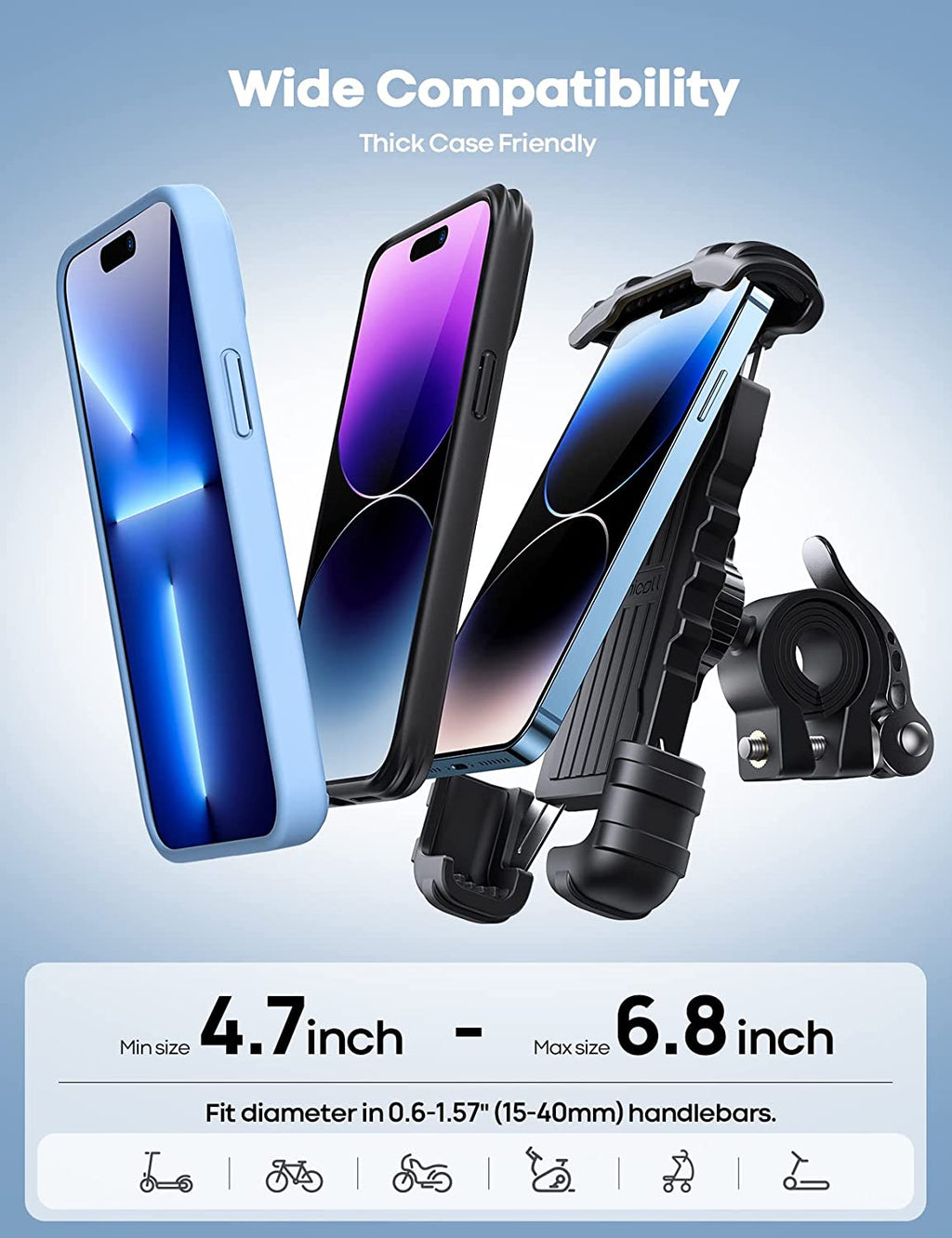 Bike Phone Holder Motorcycle Mount - One-Hand Operation, Lockable | 360° Rotation Handlebar Clamp for 4.7-6.8" Iphone 17 Pro Max Air, Rubber Protect, Road Mountain Bike E-Bike Scooter Holder