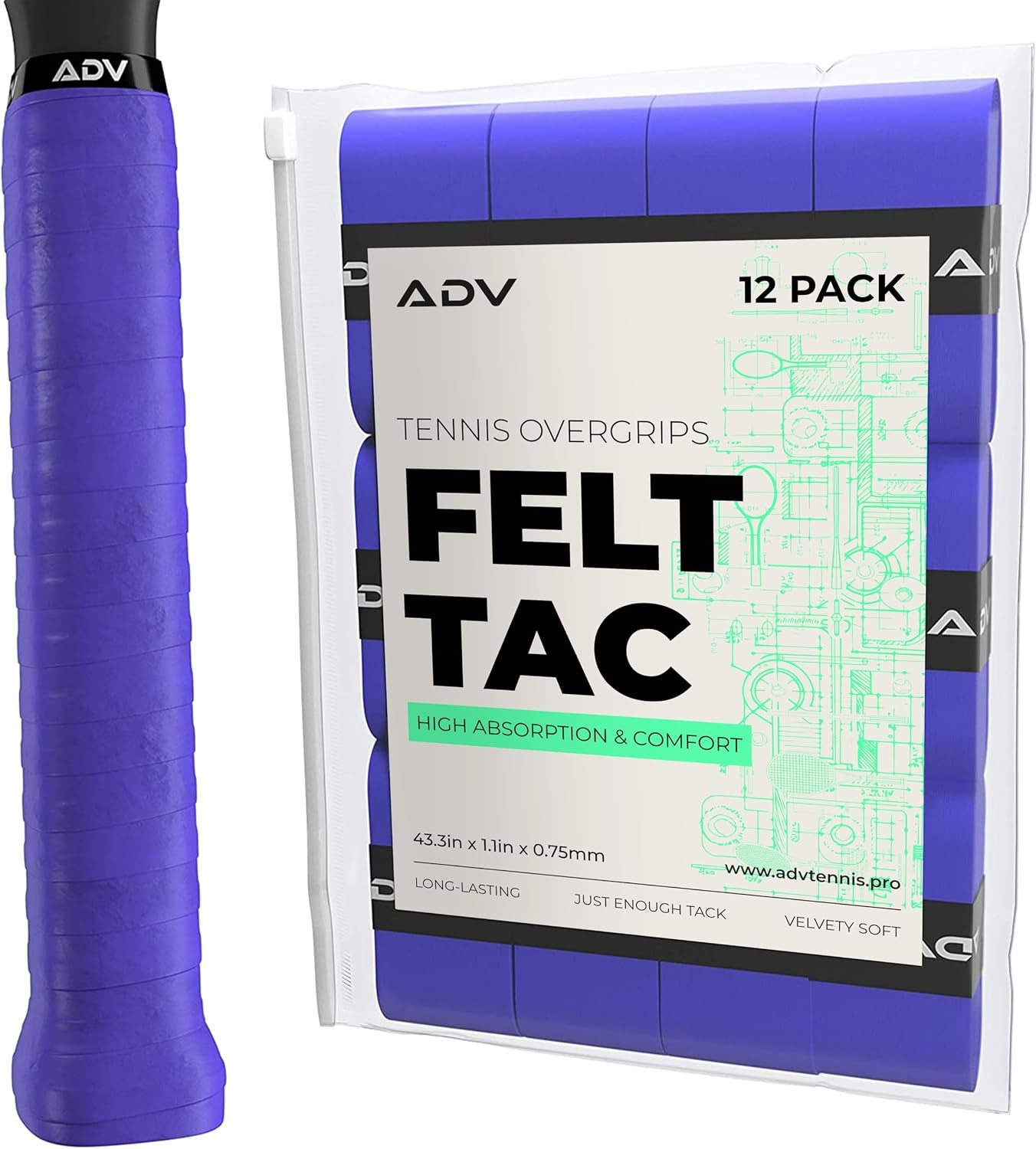 ADV Felttac Tennis Racket Grip Tape - Absorbent Dry Non-Slip Overgrip | Dry Felt Finish for Sweaty Hands, Absorbs Instead of Wicking, Replaces Worn Racquet Handle Grip, Installs in a Minute