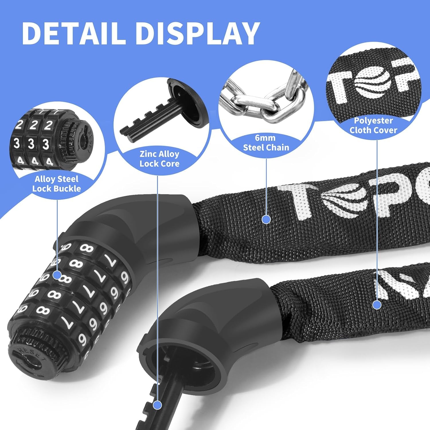 Bike Chain Lock 5 Digit Combination Bicycle Lock (Black) | 3.2Ft Long, High Security Heavy Duty anti Theft, Resettable Keyless Bike Lock for Electric Scooter/Ebike/Motorcycle
