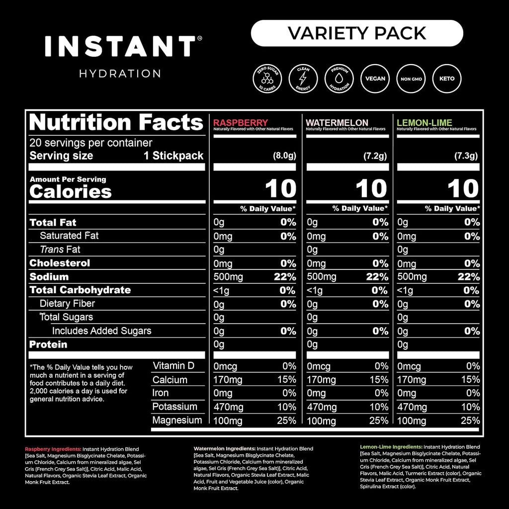 Sugar Free Electrolytes Powder Packets Variety Pack - Watermelon, Raspberry, Lemon Lime Drink Mix & Travel Essentials with Magnesium and Potassium - Post Workout Recovery - 20 Sticks