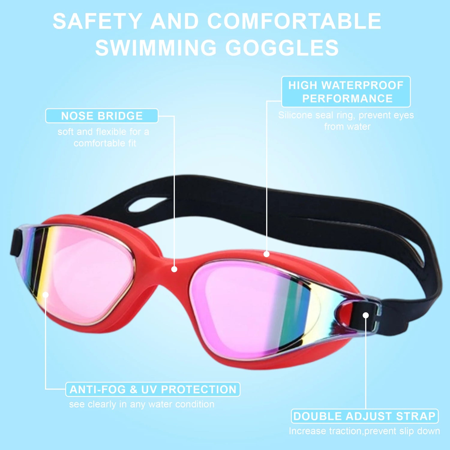 Swim Goggles and Swim Cap, anti Fog UV Protection Swimming Goggle No Leaking, with Nose Clip, Ear Plugs, Goggles Case, Suitable for Men, Women