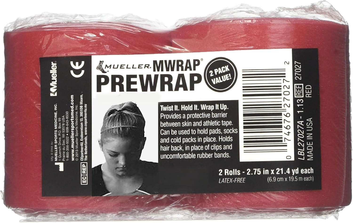Sports Medicine Mwrap, Pre Wrap, Athletic Tape Underwrap for Sports, Hair, Ankles, Wrist, Hands and Knees, Water-Resistant, Latex Free, 2.75" X 21.4 Yards per Roll, 2 Rolls