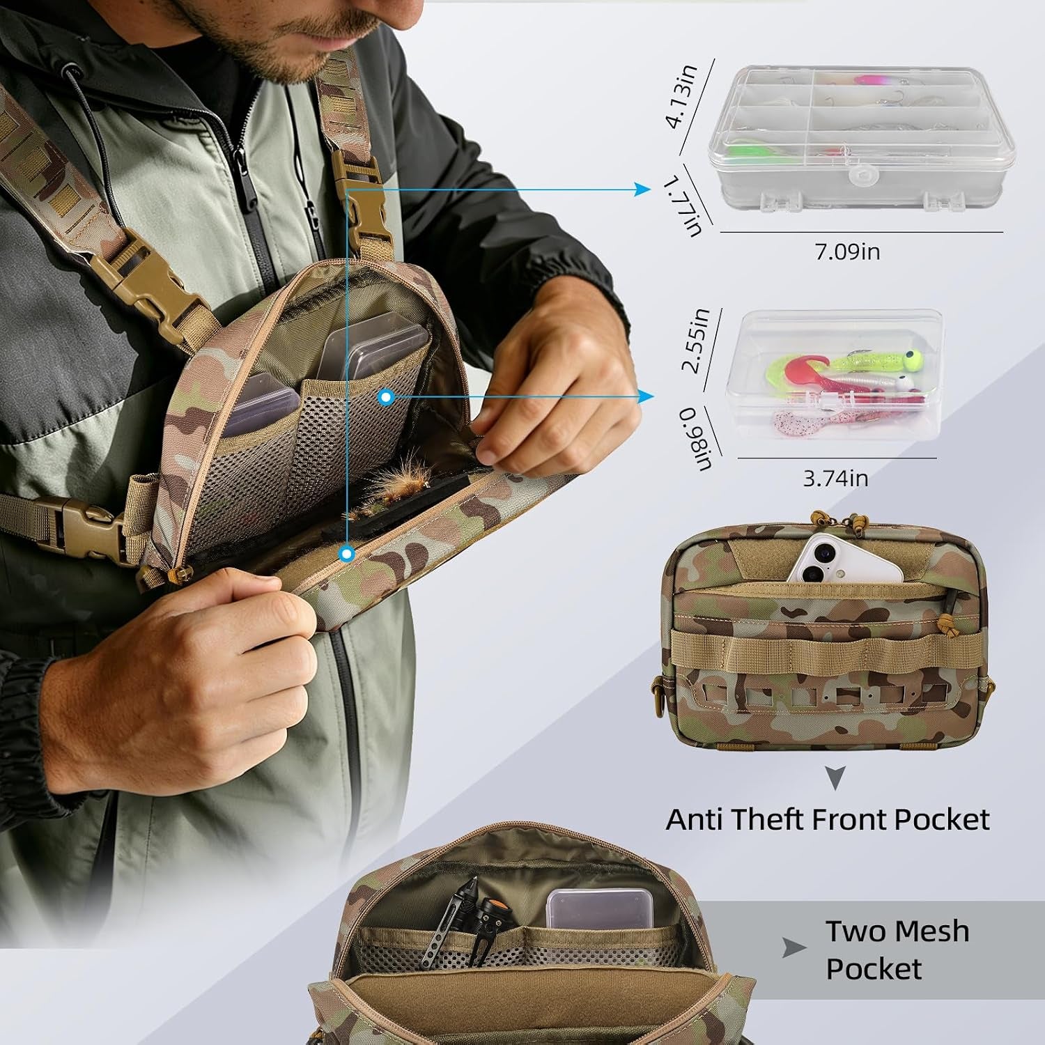 Outdoor Chest Bag for Men, Water-Resistant Fishing Chest Pack, Tactical Vest for Running, Cycling, Hiking