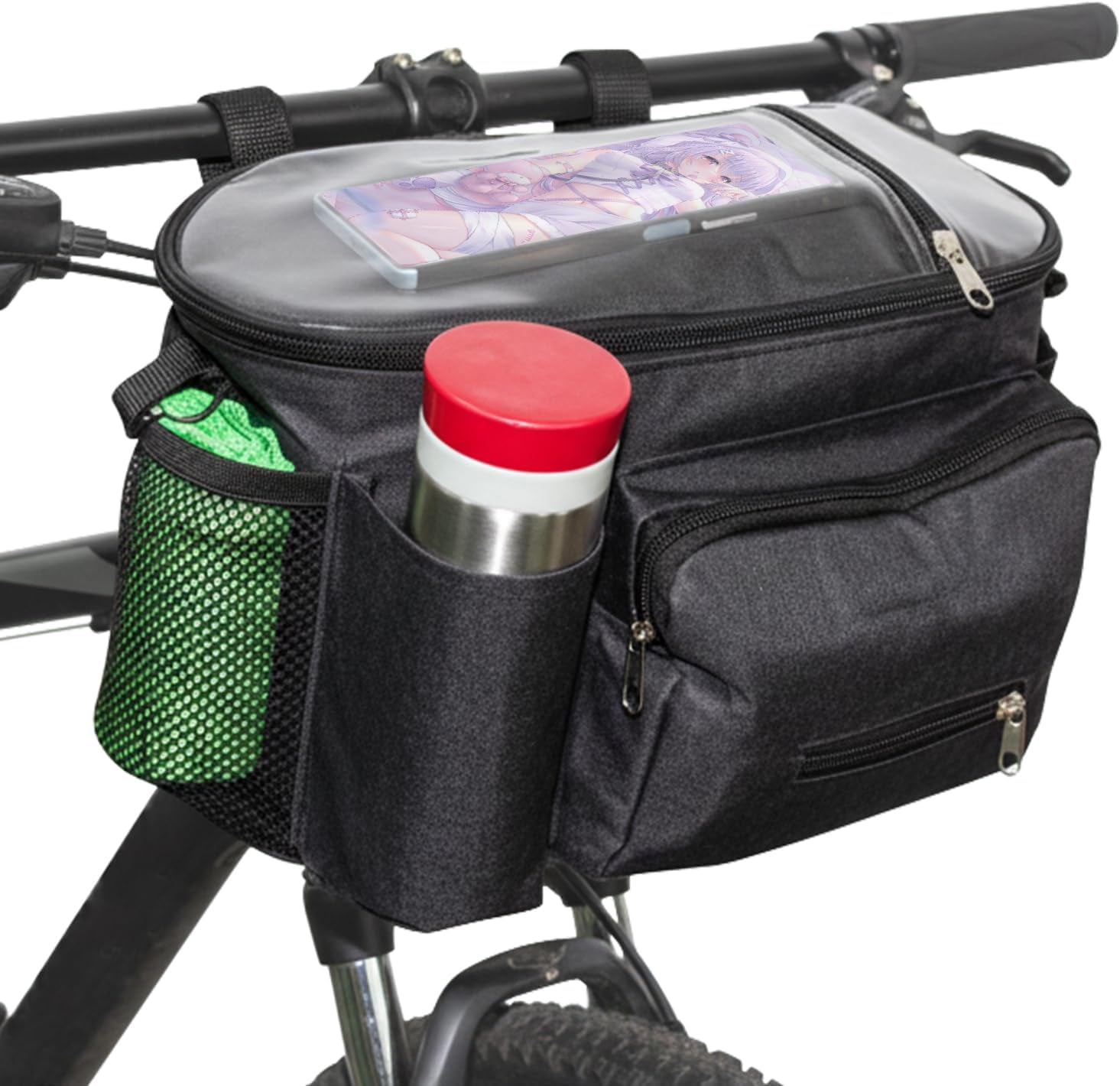 Large Bike Handlebar Bag,Large Bicycle Front Storage Pouch Bag,9 Inch Transparent Pouch with Shoulder Strap