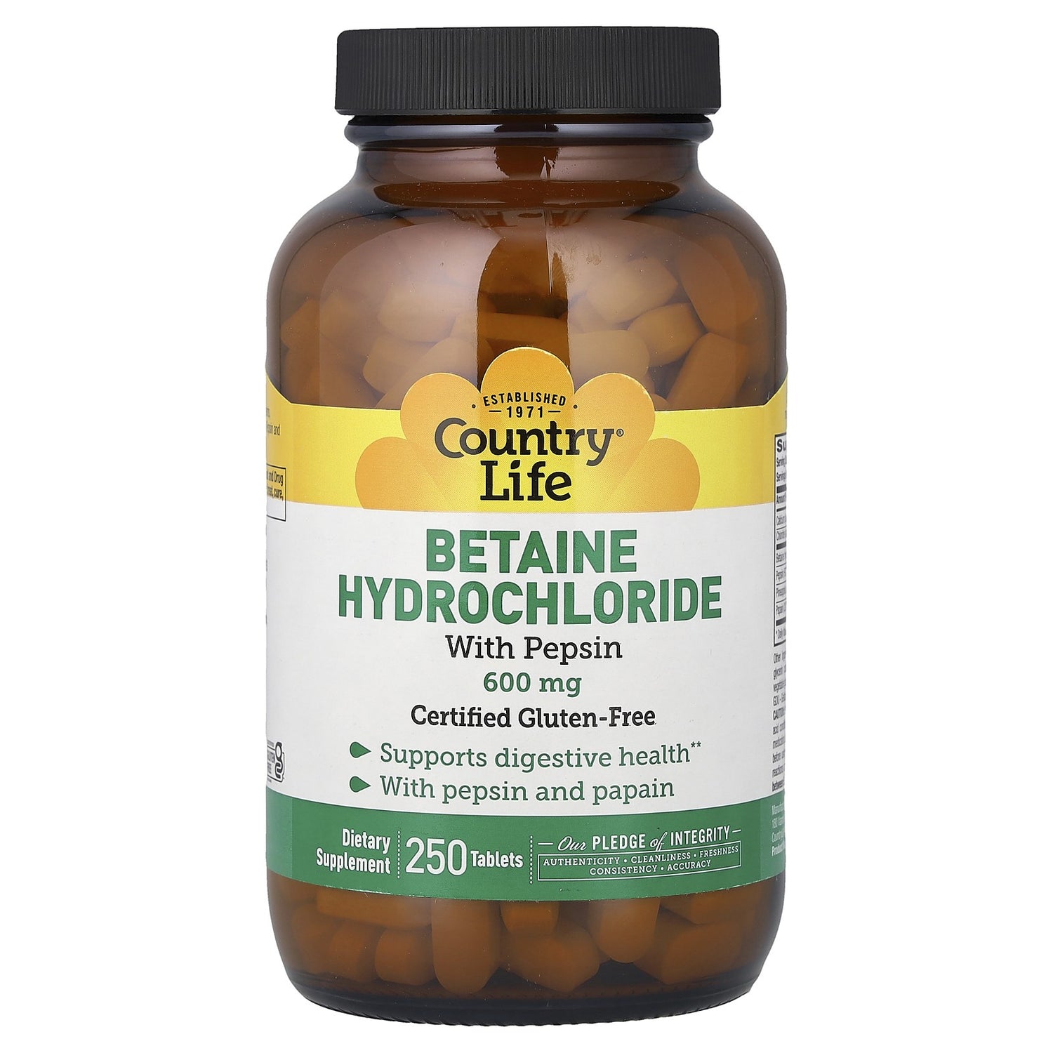 Country Life Betaine Hydrochloride with Pepsin 600 Mg 250 Tablets Gluten-Free,
