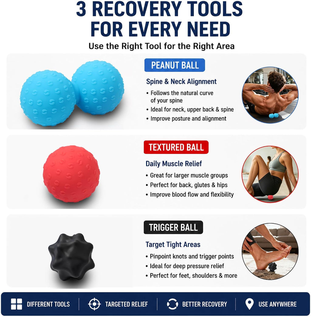 Massage Ball Set, 3 Pack Spiky Ball, Lacrosse Ball & Peanut Massage Roller for Trigger Point Therapy, Deep Tissue Muscle Relaxation for Back, Neck, Hip, Leg & Foot with Mesh Bag