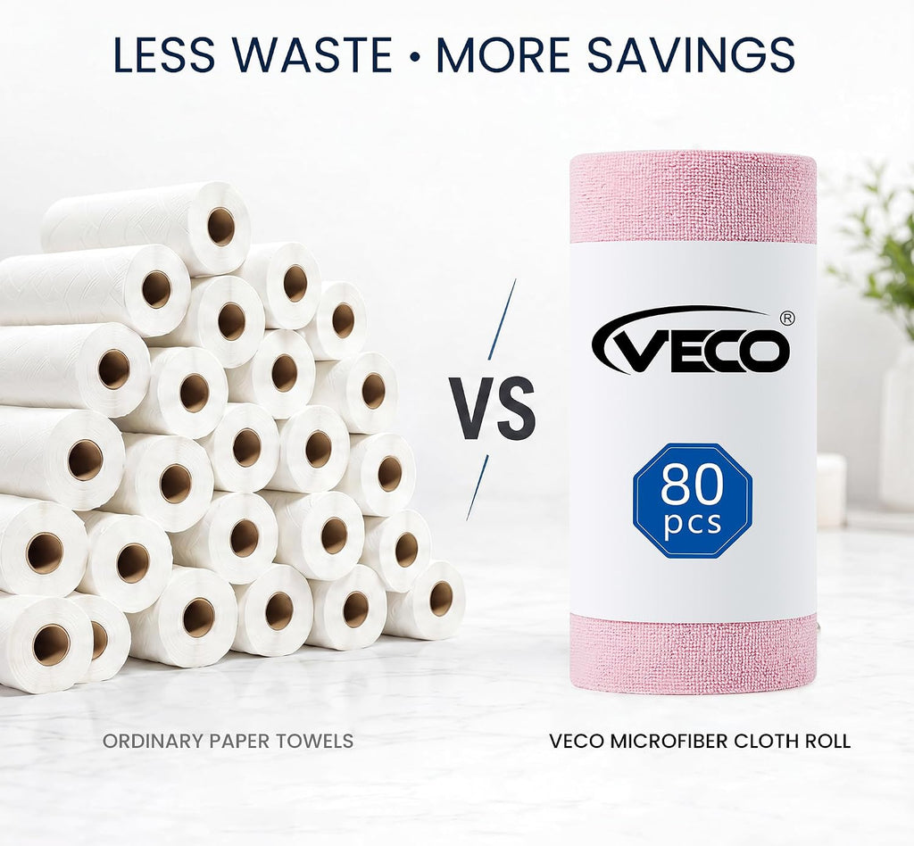 Microfiber Cleaning Cloth Roll 80 PCS, 12" X 12" | Lint-Free, Streak-Free, Tear Away Reusable Microfiber Towels, Cleaning Rags for Kitchen, Car & Home, Pink
