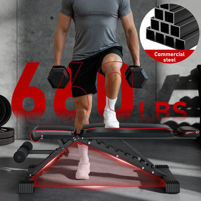Adjustable Weight Bench,Foldable Workout Bench 660Lbs Home Gyms Press Dumbbell  Bench with Extended Head and Spine Support