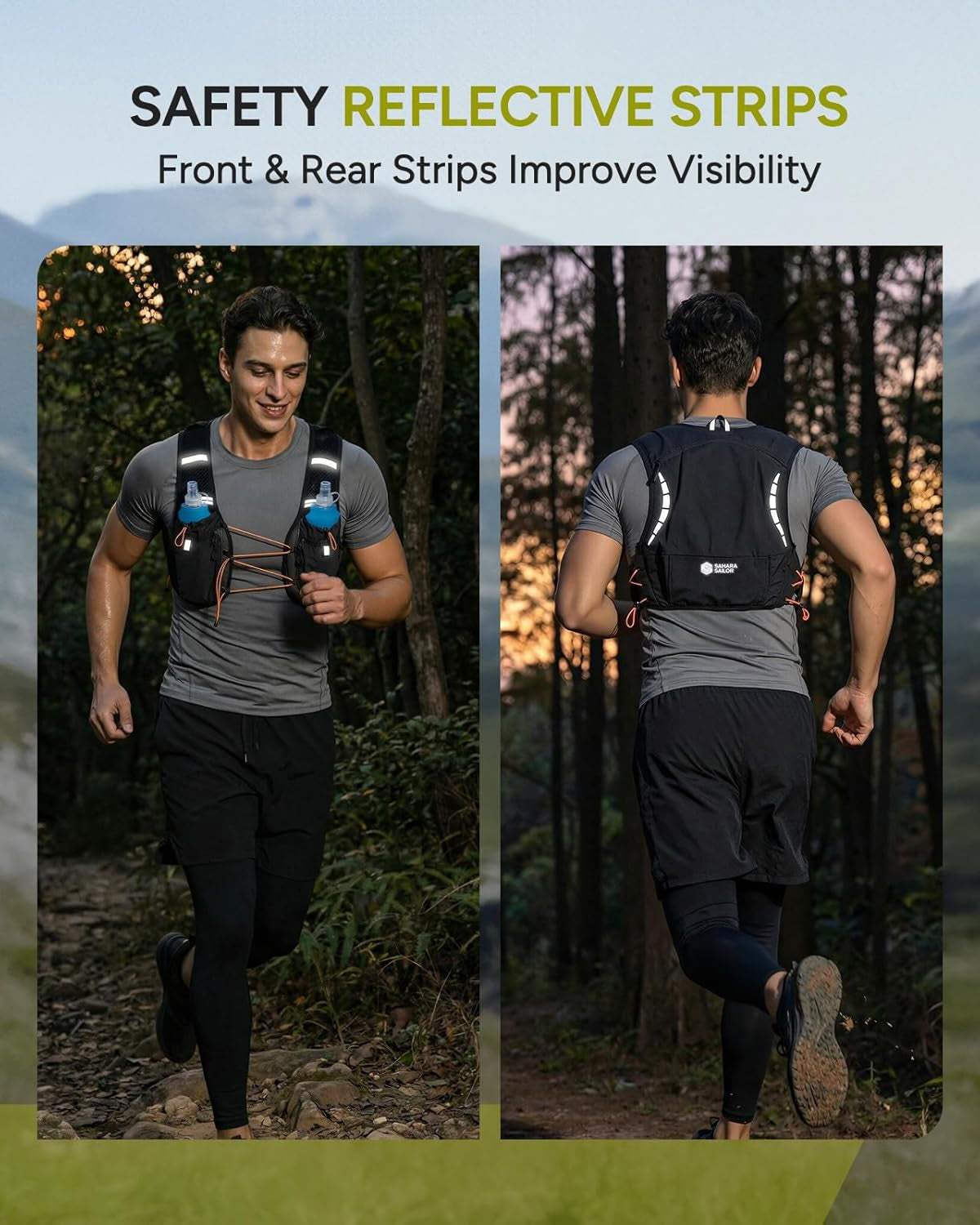 Running Vest for Women Men, 2PCS 500Ml Soft Flasks, Adjustable Chest Waist Fit, Multi-Pockets, Lightweight Breathable Reflective Hydration Backpack for Running, Trail, Cycling, Hiking