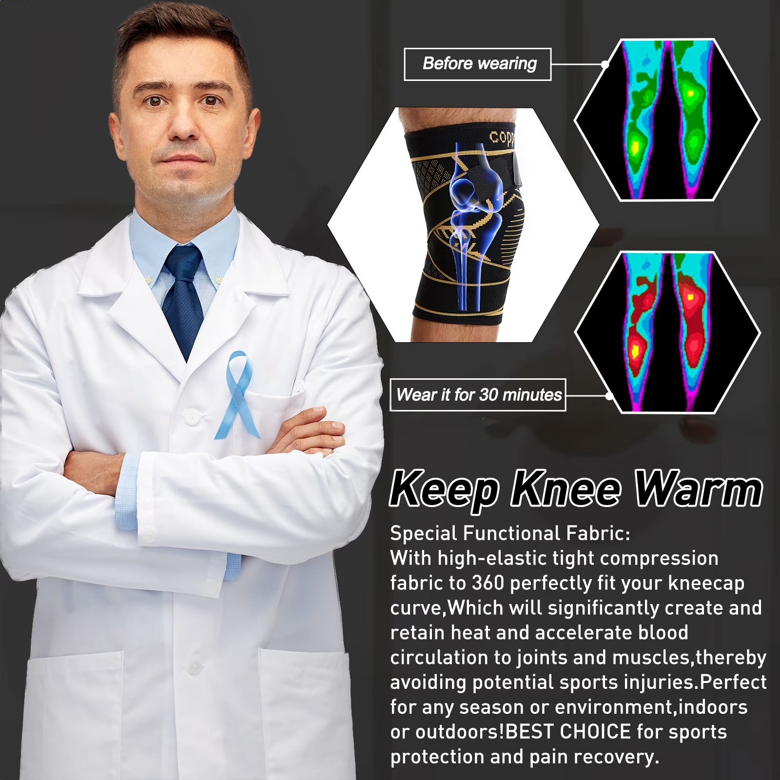 Adjustable Copper Knee Braces, Black, Size 5XL