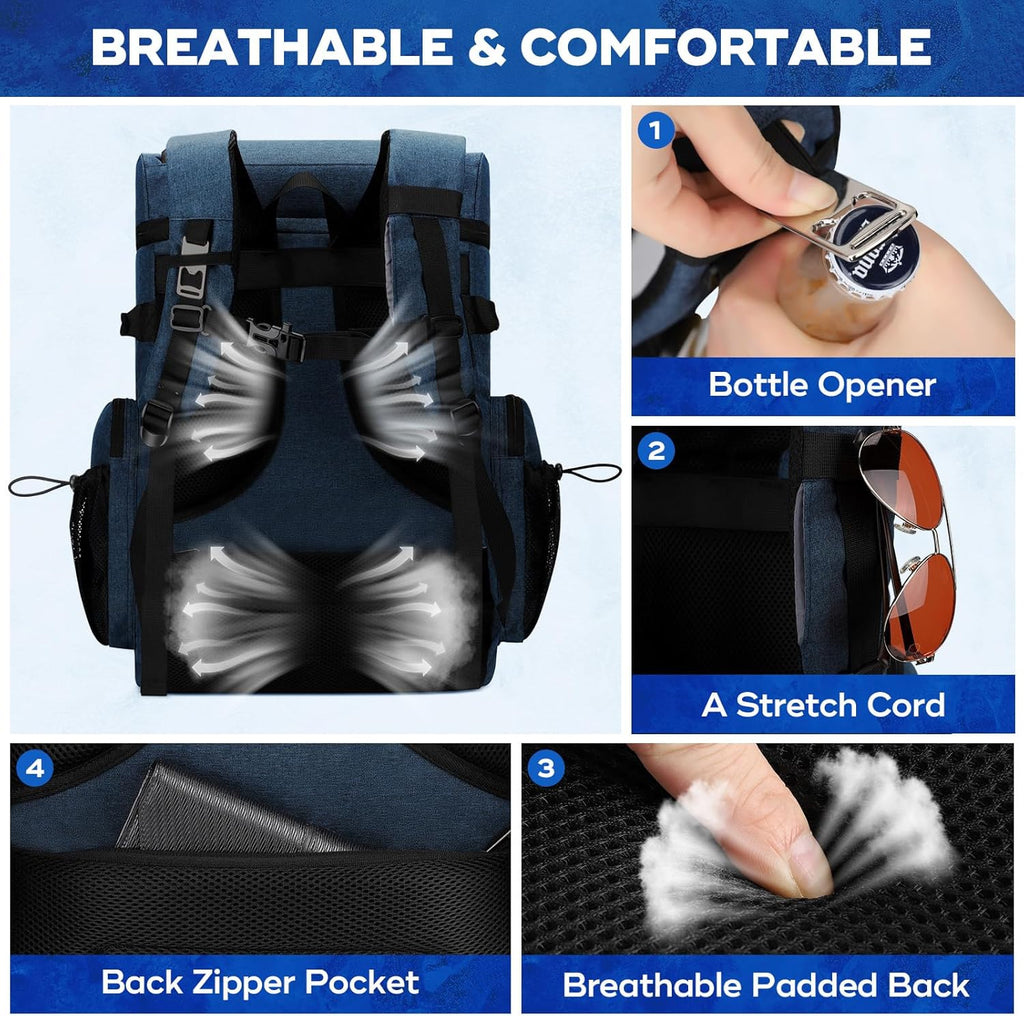 35/50 Can Insulated Backpack Cooler, Leakproof Soft Lunch Ice Bag | Keeps Food Cold for 16H, Peva Liner, Durable Nylon, Ergonomic Padding. Perfect for Men, Women, Camping, Beach, Hiking, Travel