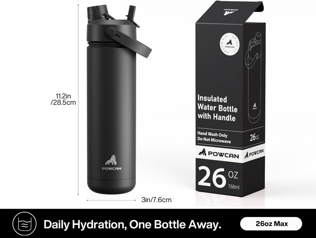 26 Oz Insulated Water Bottle with 2-In-1 Straw and Spout Lid, Keep Cold 24H, Leak-Proof, Fits in Car Cup Holder, Stainless Steel Water Bottle for Sports, Travel, and School (Dark Knight)