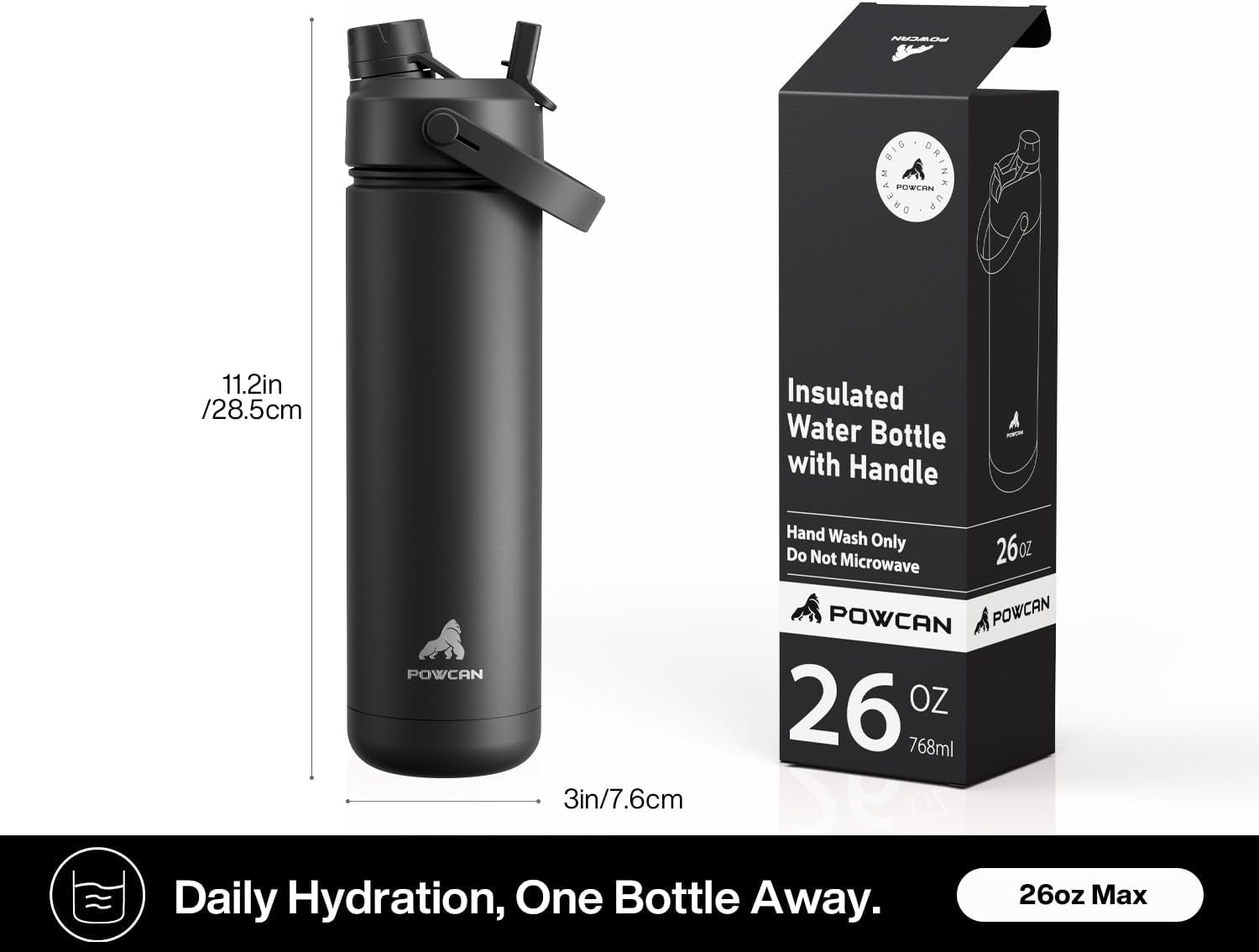 26 Oz Insulated Water Bottle with 2-In-1 Straw and Spout Lid, Keep Cold 24H, Leak-Proof, Fits in Car Cup Holder, Stainless Steel Water Bottle for Sports, Travel, and School (Dark Knight)