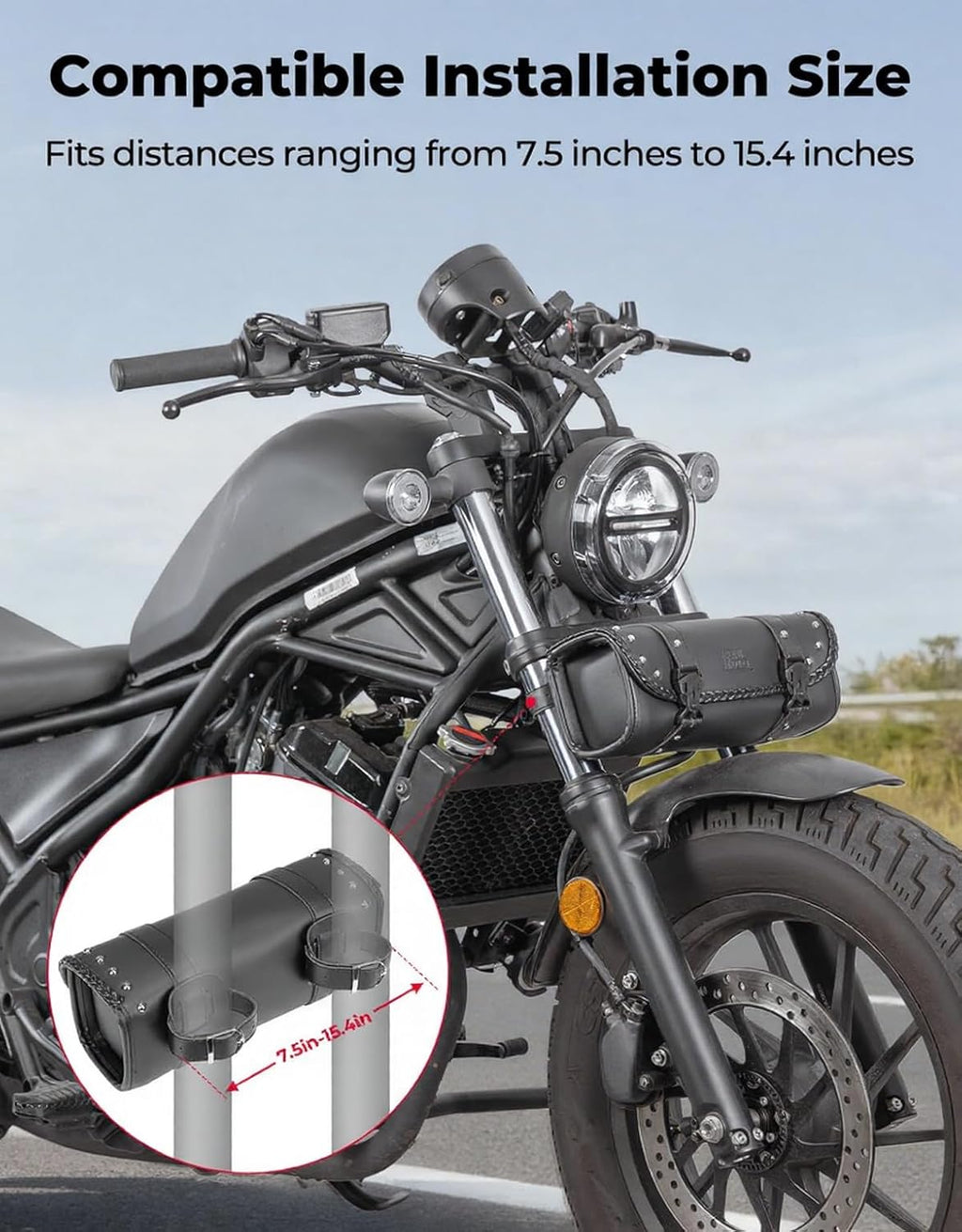 Motorcycle Tool Fork Bag PU Leather Universal | Saddlebag for Front Fork Handlebar Sissybar Storage Pouch Motorcycle Roll Bag (Black Classic Buckle)