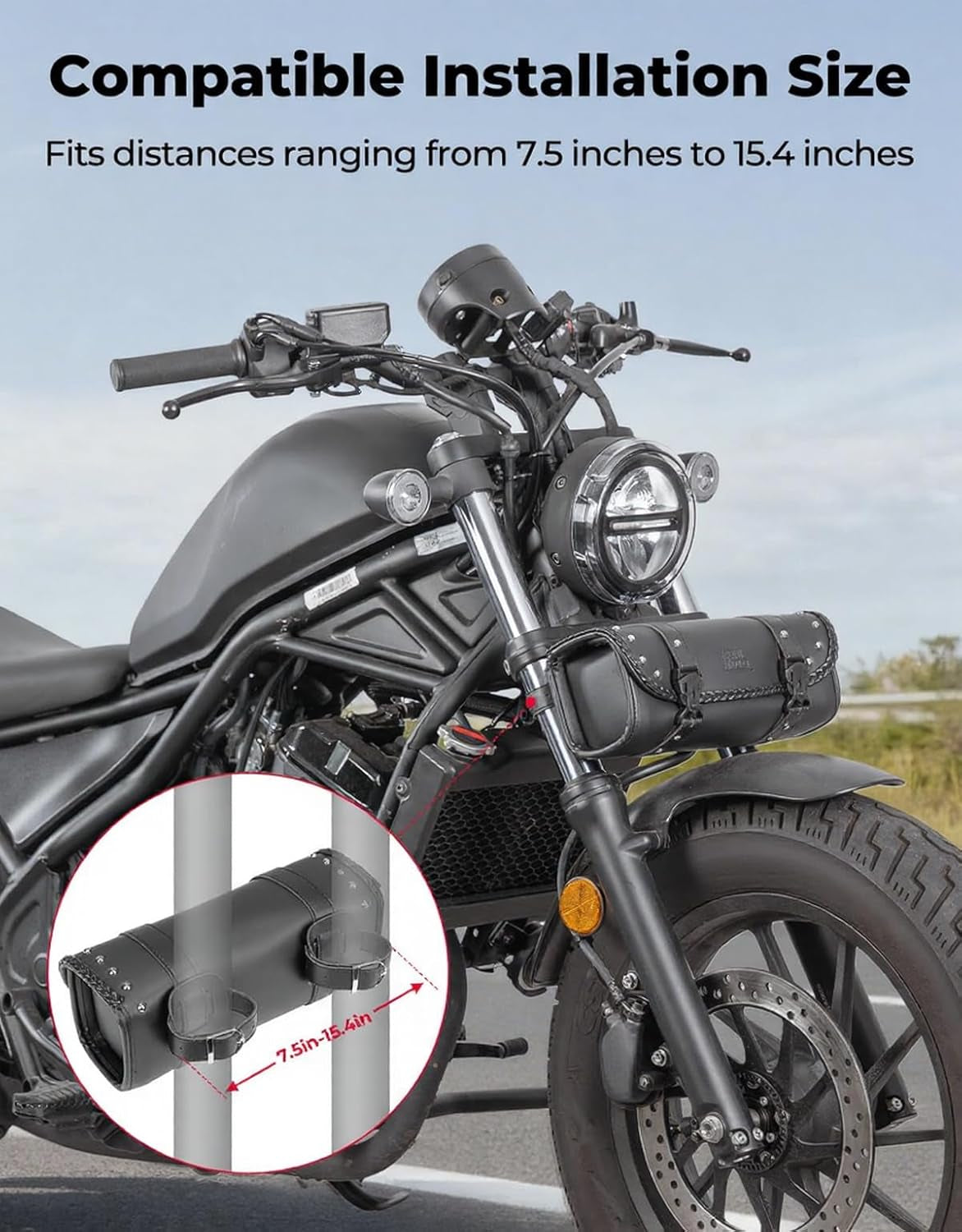 Motorcycle Tool Fork Bag PU Leather Universal | Saddlebag for Front Fork Handlebar Sissybar Storage Pouch Motorcycle Roll Bag (Black Classic Buckle)