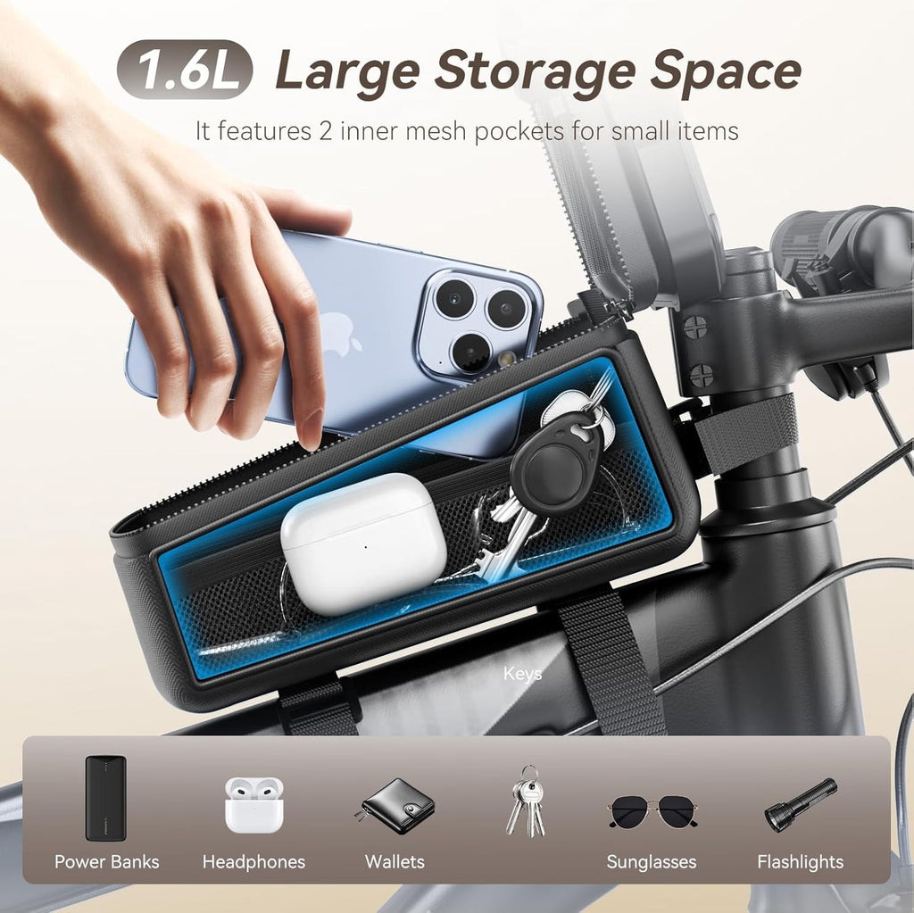 Bike Front Frame Bag with Waterproof Phone Holder, Mountain Cycling Storage Pouch, Handlebar Bag with Phone Mount, Bicycle Accessories for Top Tube, Fit for Iphone 17 Pro Max, Cellphone under 7''