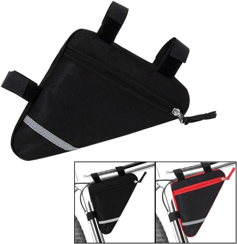 2 Pieces Bike Triangle Bag, Bicycle Front Frame Triangle Bag (Black) | Waterproof Nylon Cycling Triangle Storage Bag with Double-Sided Reflective Decoration, for MTB Road Bike