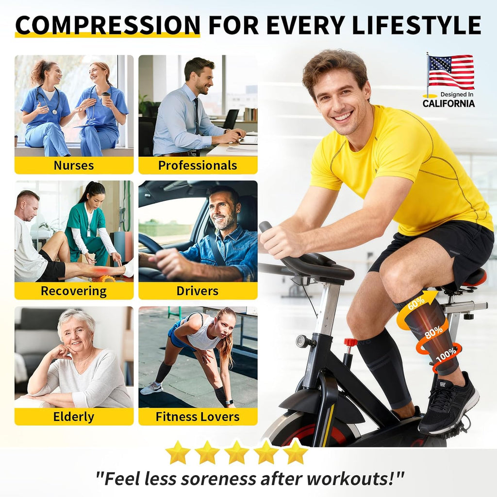 Calf Compression Sleeve for Men Women Footless | Graduated Compression, Shin Splint Relief, Moisture Wicking, Running Standing Travel, 4D Knit Anti-Slip, Varicose Veins