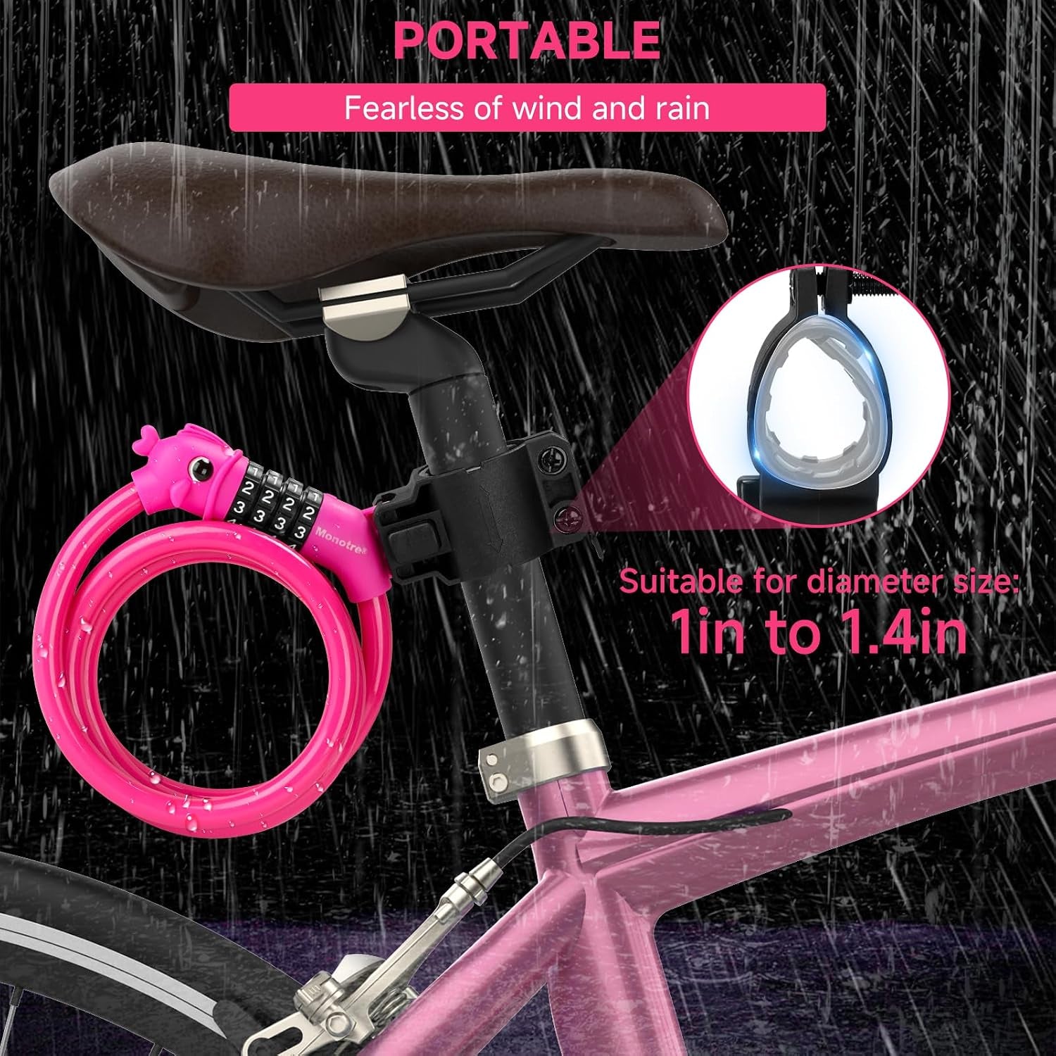 Bike Lock, 3.9 Feet 4-Digit Resettable Combination Password Anti-Theft Cable Lock, Cute Coiled Bike Lock with Mounting Bracket, Suitable for Bicycles, Electric Scooters, Ebikes (Pink-10Mm)
