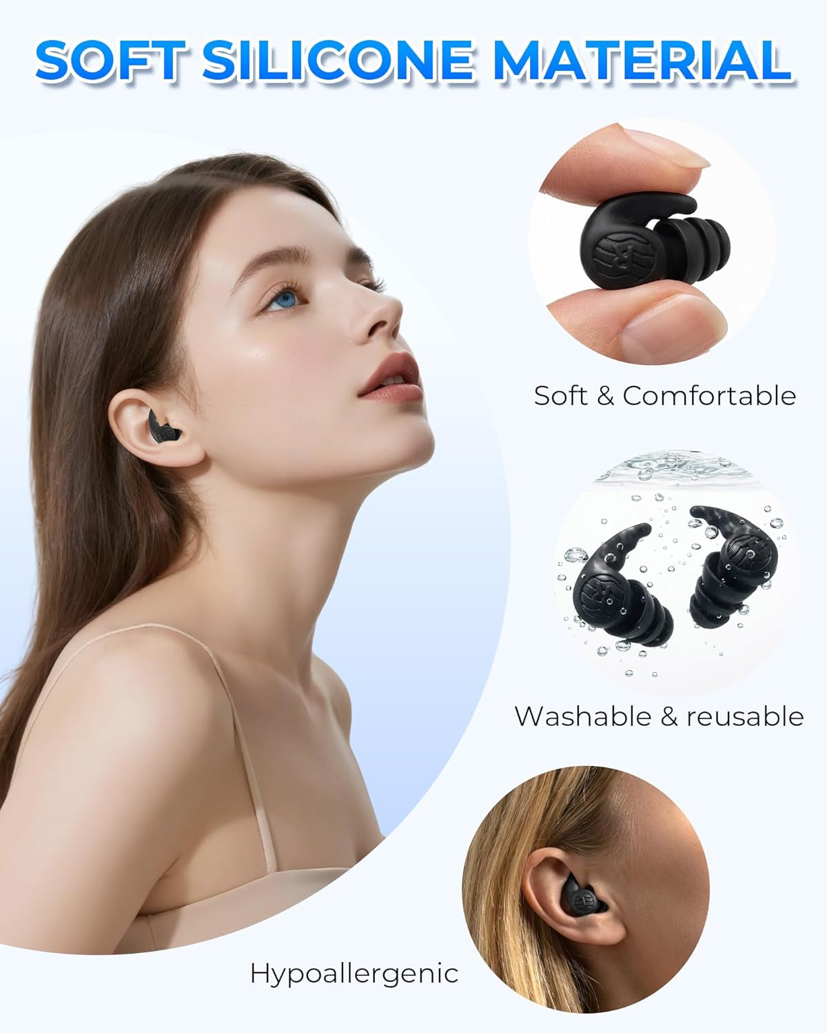 3 Pairs Swimming Earplugs Waterproof Silicone Ear Plugs for Swimming Surfing Shower Kayaking, Water Out Sound in Comfortable Reusable Ear Protection for Adults Teens with Storage Case, Black Gray Blue