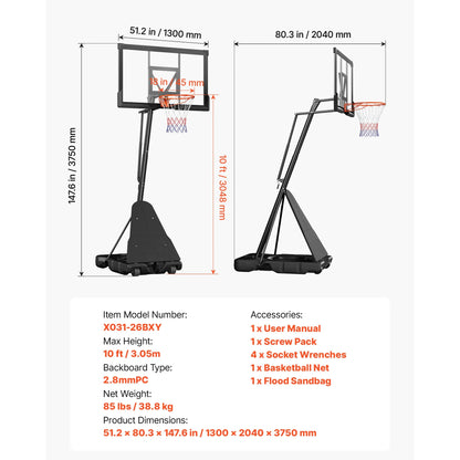Portable Basketball Hoop with Adjustable Height Outdoor – 10 Ft, 85 Lbs