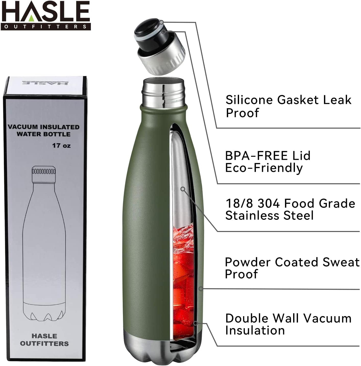 17Oz Stainless Steel Water Bottles, Vacuum Insulated Double Walled Powder Coated Reusable Metal Sports Water Bottles Keep Drinks Hot and Cold, Armygreen, 1Pack
