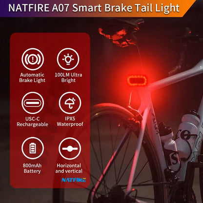 A07 Smart Bike Tail Light Brake Sensing Rear Lights Auto on off USB C Rechargeable Safety Warning Cycling Lights