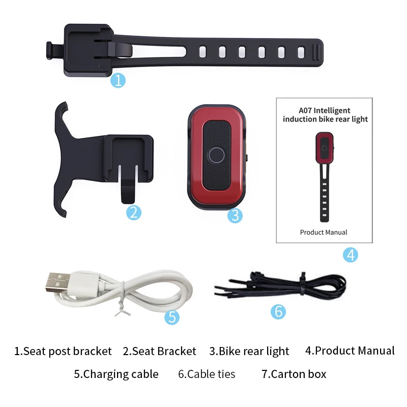 A07 Smart Bike Tail Light Brake Sensing Rear Lights Auto on off USB C Rechargeable Safety Warning Cycling Lights