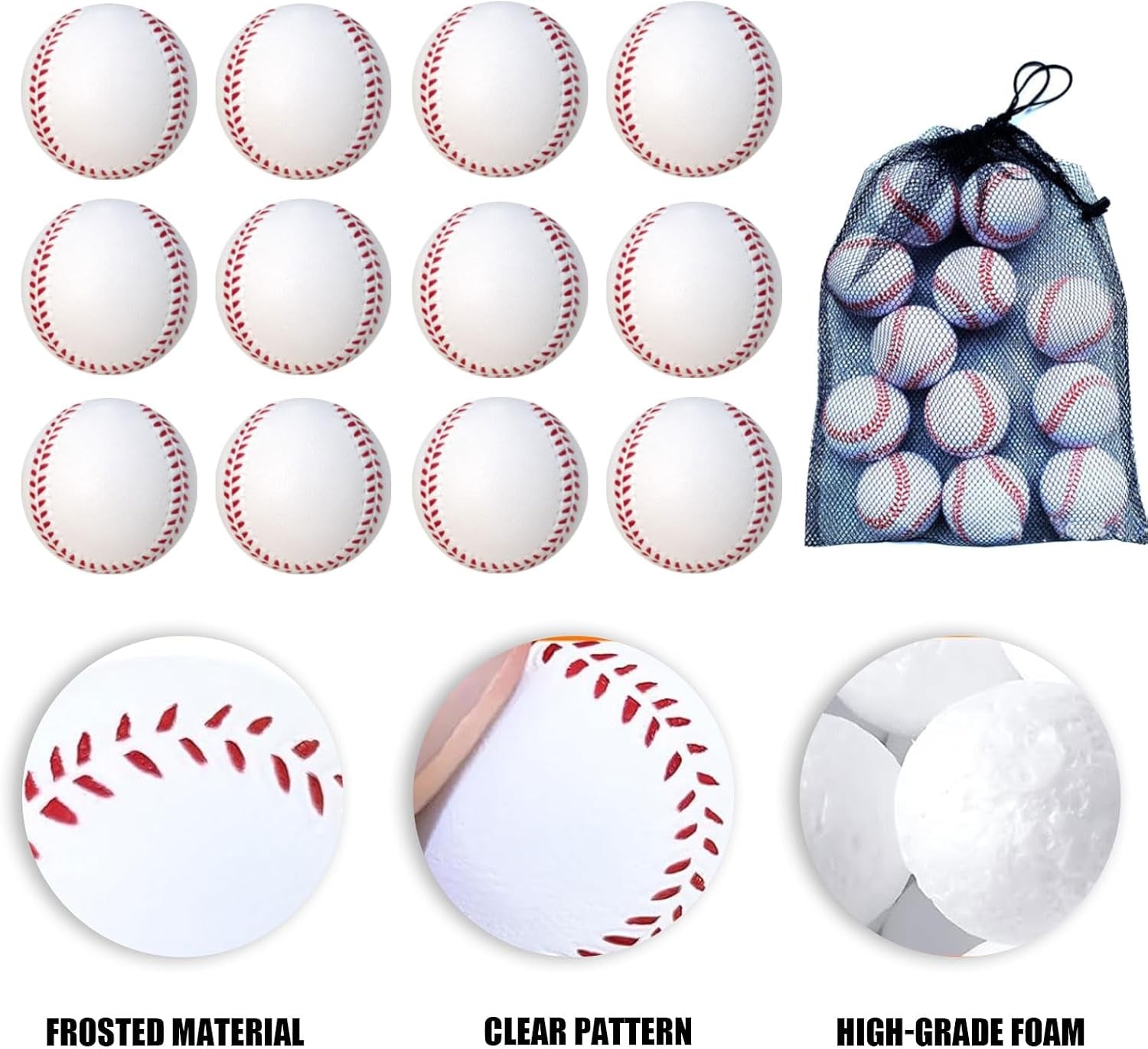12 Pack Foam Baseballs, Soft Training Balls with Mesh Bag for Practice | 2.8" Soft Sporting Batting Ball,Lightweight & Durable,Safe for Indoor/Outdoor Hitting & Fielding Practice,For Training Drills