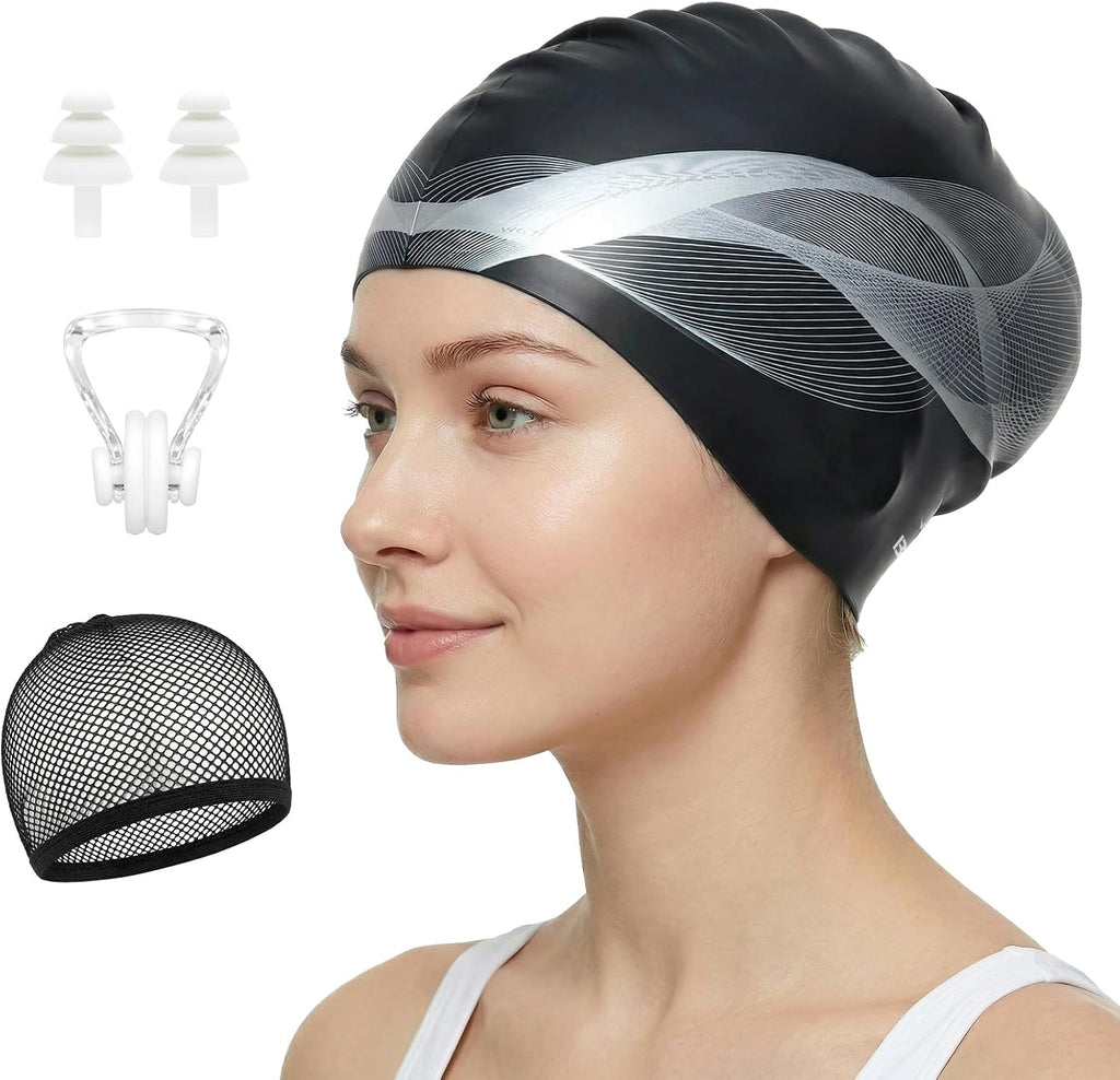 Silicone Swim Cap for Long Hair - X-Large Waterproof Swim Hat for Men Women Adults, Dreadlocks, Braids, Curls & Afros, Black