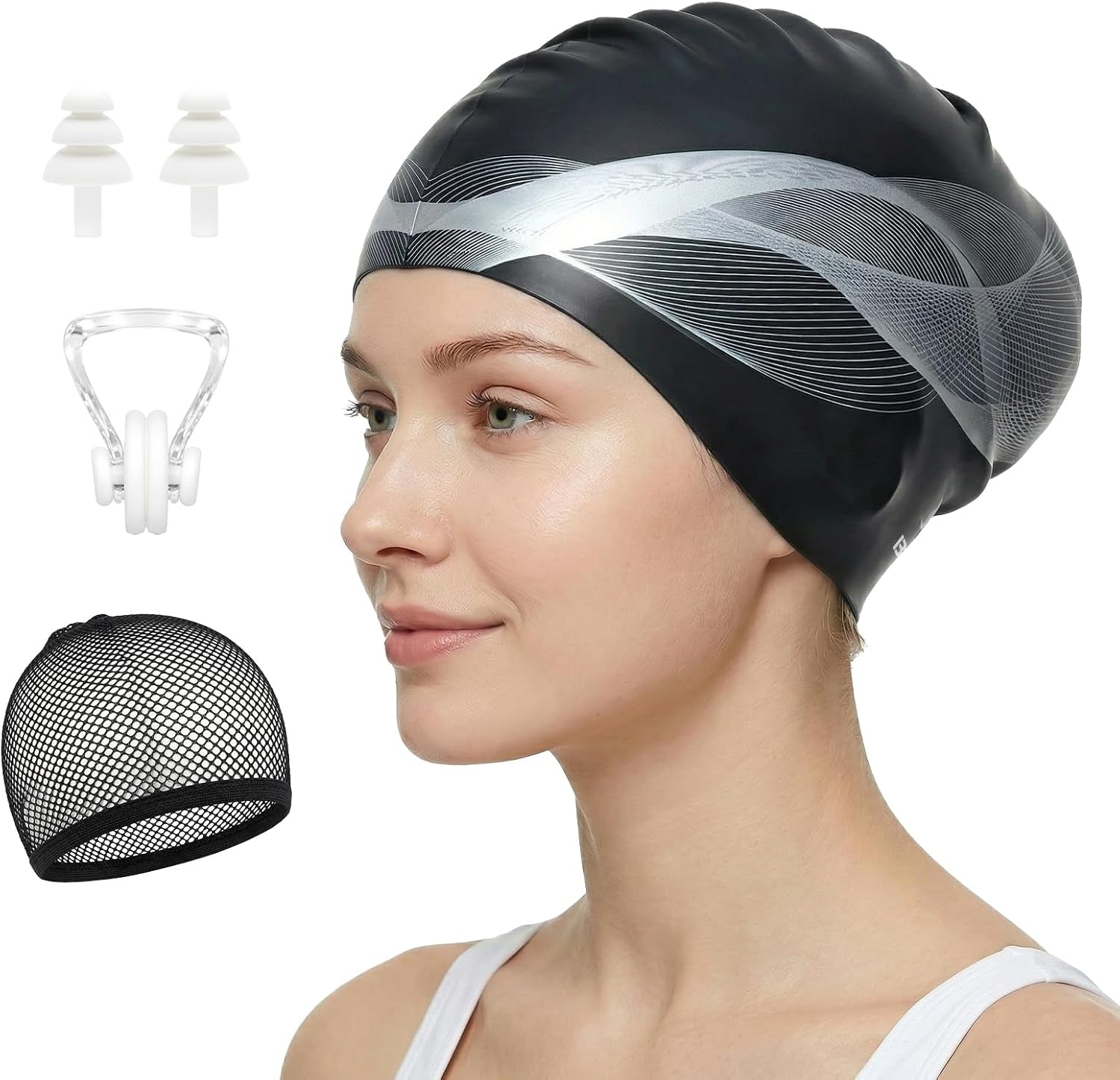 Silicone Swim Cap for Long Hair - X-Large Waterproof Swim Hat for Men Women Adults, Dreadlocks, Braids, Curls & Afros, Black