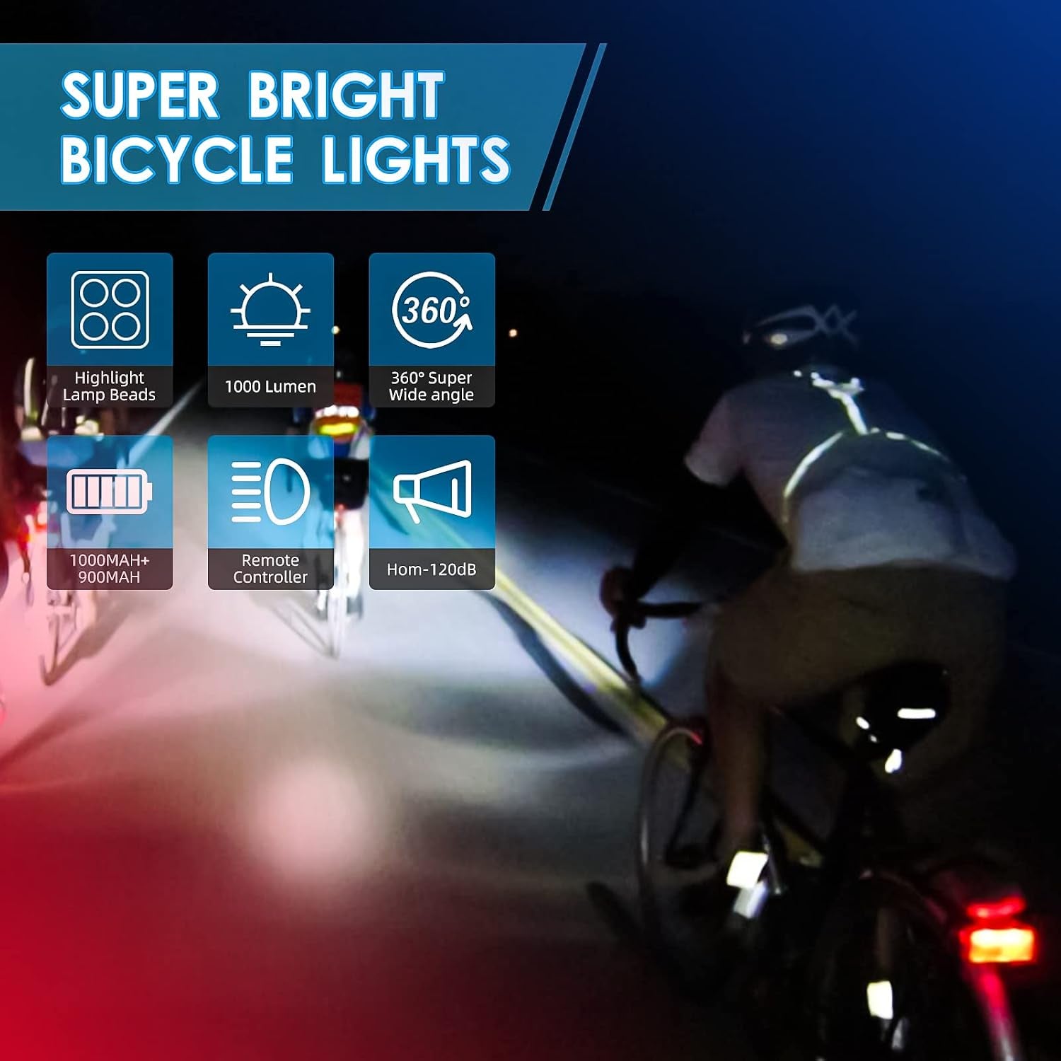 Bike Lights Set, USB Rechargeable Bicycle Light Front & Back, 1000 Lumen Bicycle Headlight and Rear Taillight with Turn Signal & Horn, Waterproof and 5+6 Lighting Modes for Night Cycling Road Mountain