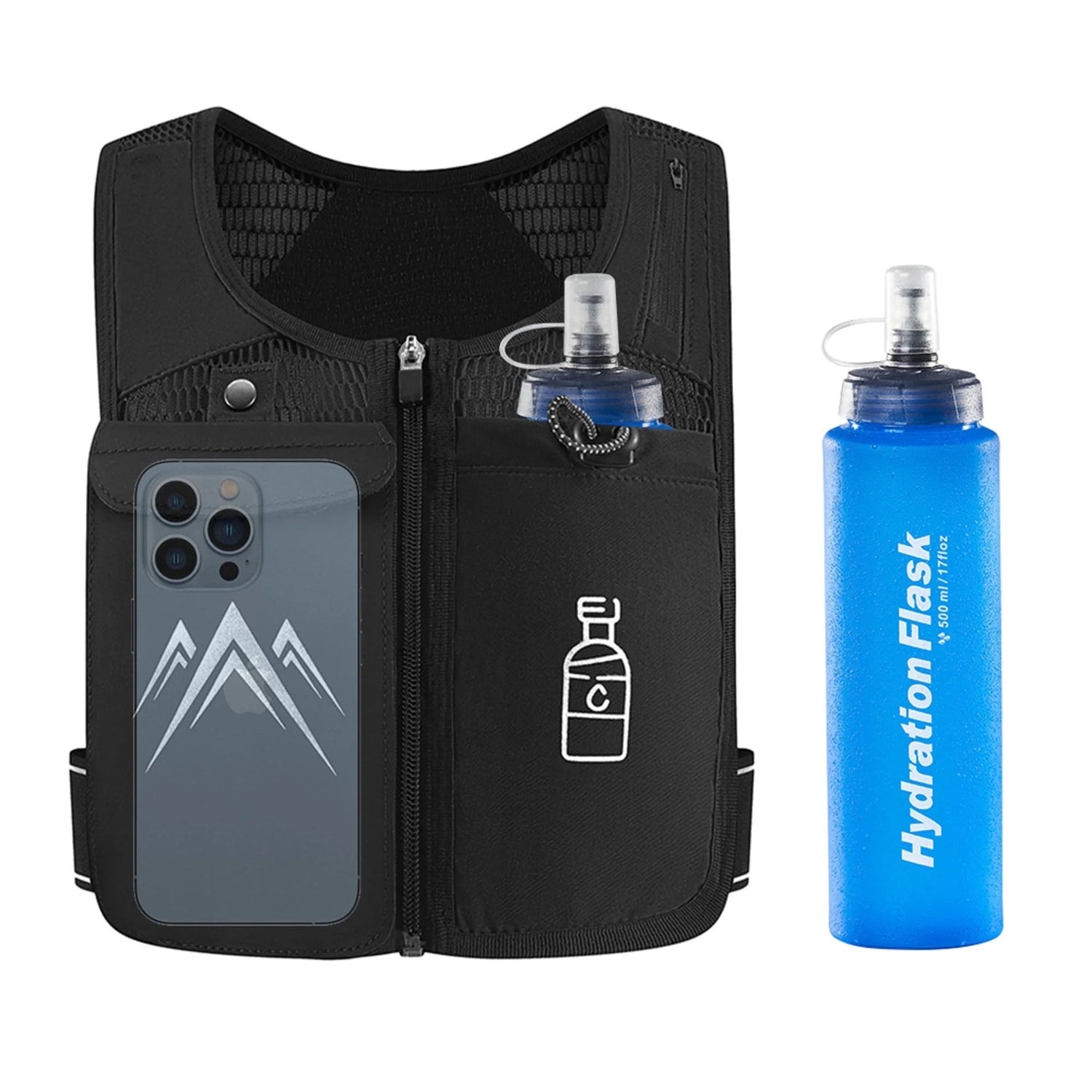 Running Vest, Zip Reflective Running Vests with 500Ml Hydration Bottle, Adjustable Waistband &amp; Breathable Material, Chest Pack Gear Phone Holder for Running, Men &amp; Women