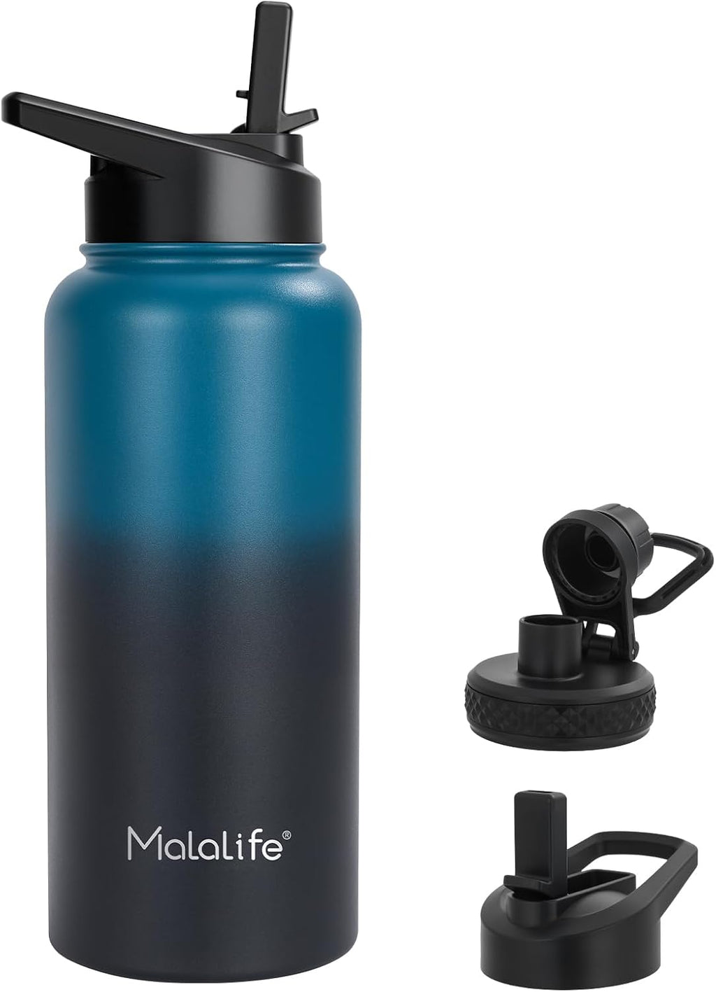 Water Bottle, BPA Free Insulated Stainless Steel, 32Oz, Dual Lids, Keep Cold 24H, Large Flask, Wide Mouth, Double Wall Metal Sport Drink Bottle, Hiking, Gym, Camping, Deep Teal & Onyx