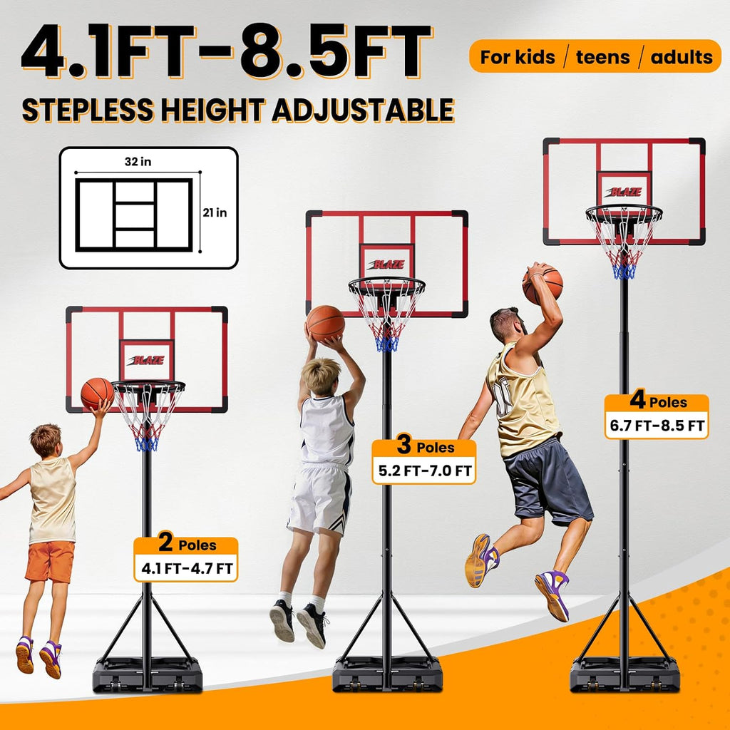 32 Inch Portable Basketball Hoop, Adjustable 4.1–8.5FT Height, Outdoor Basketball Goal with Weight Bag for Kids