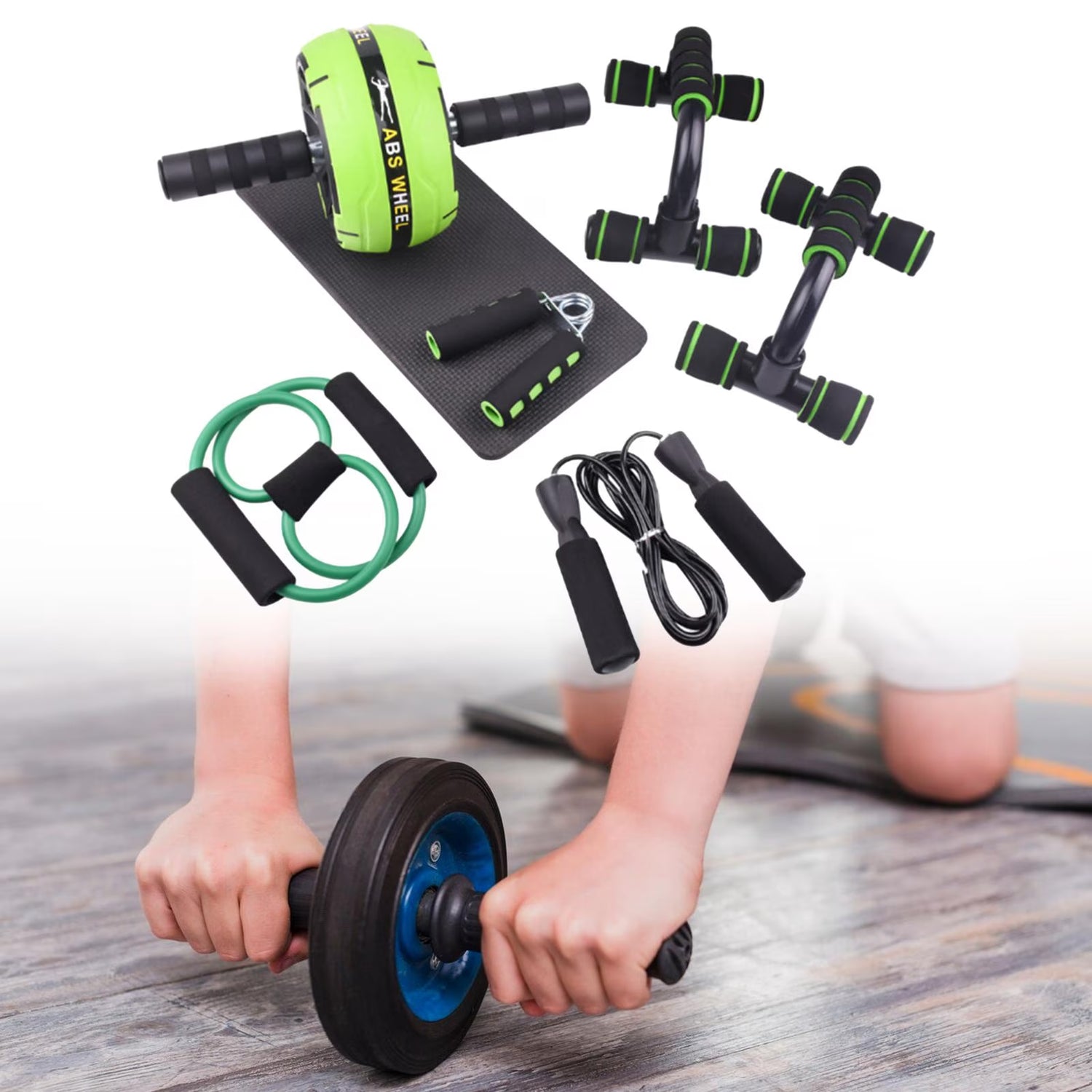 Abs Roller Wheel Indoor Fitness Equipment Set Home Gym Workout Chest Expander Green